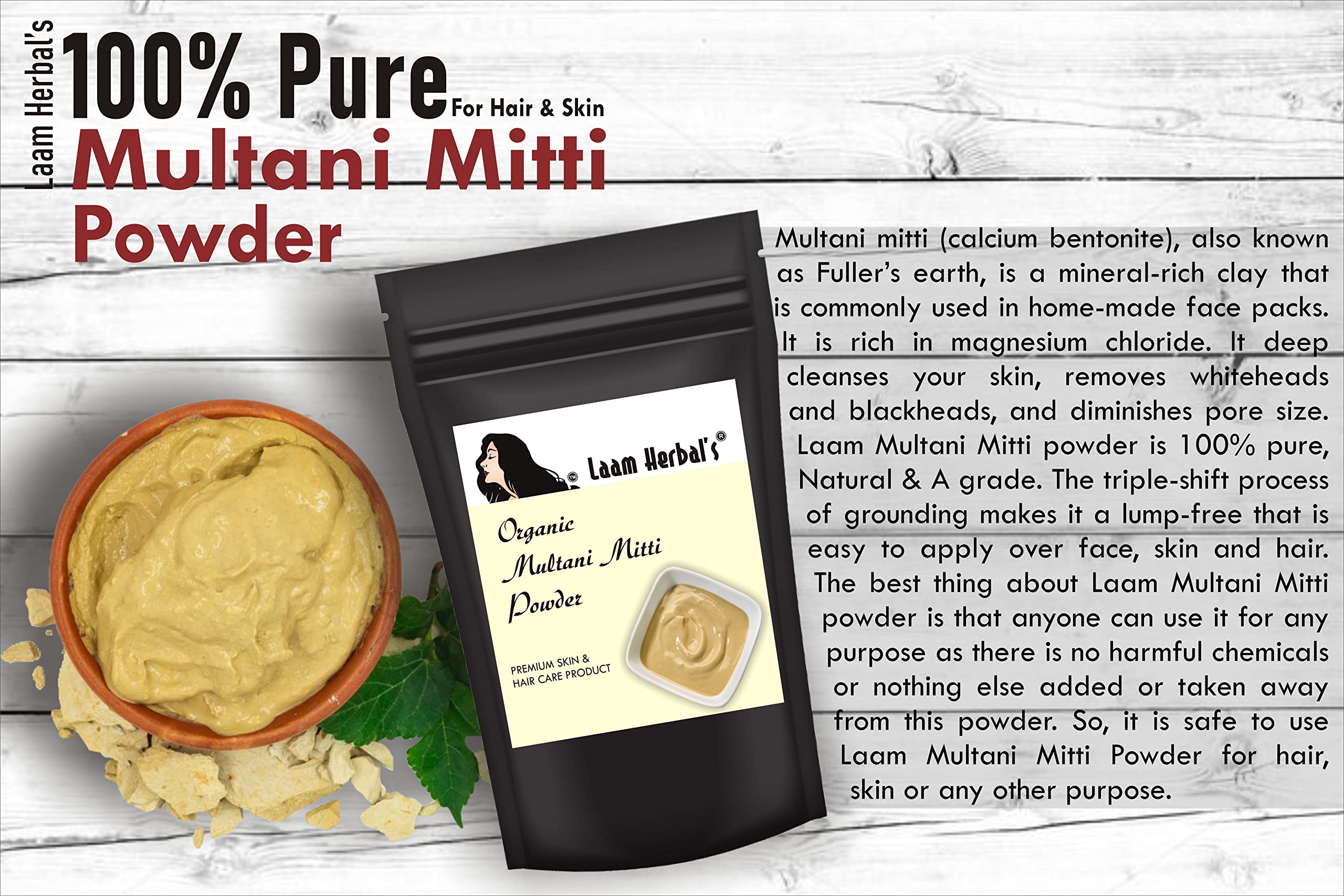 Laam Herbals Multani Mitti Powder - 1000g | Natural Skin Glow & Anti-Acne Face Mask | Unclogs Pores, Controls Oil, Reduces Tan & Wrinkles | For Radiant Skin & Healthy Hair | Perfect for Daily Skincare & Spa Treatments