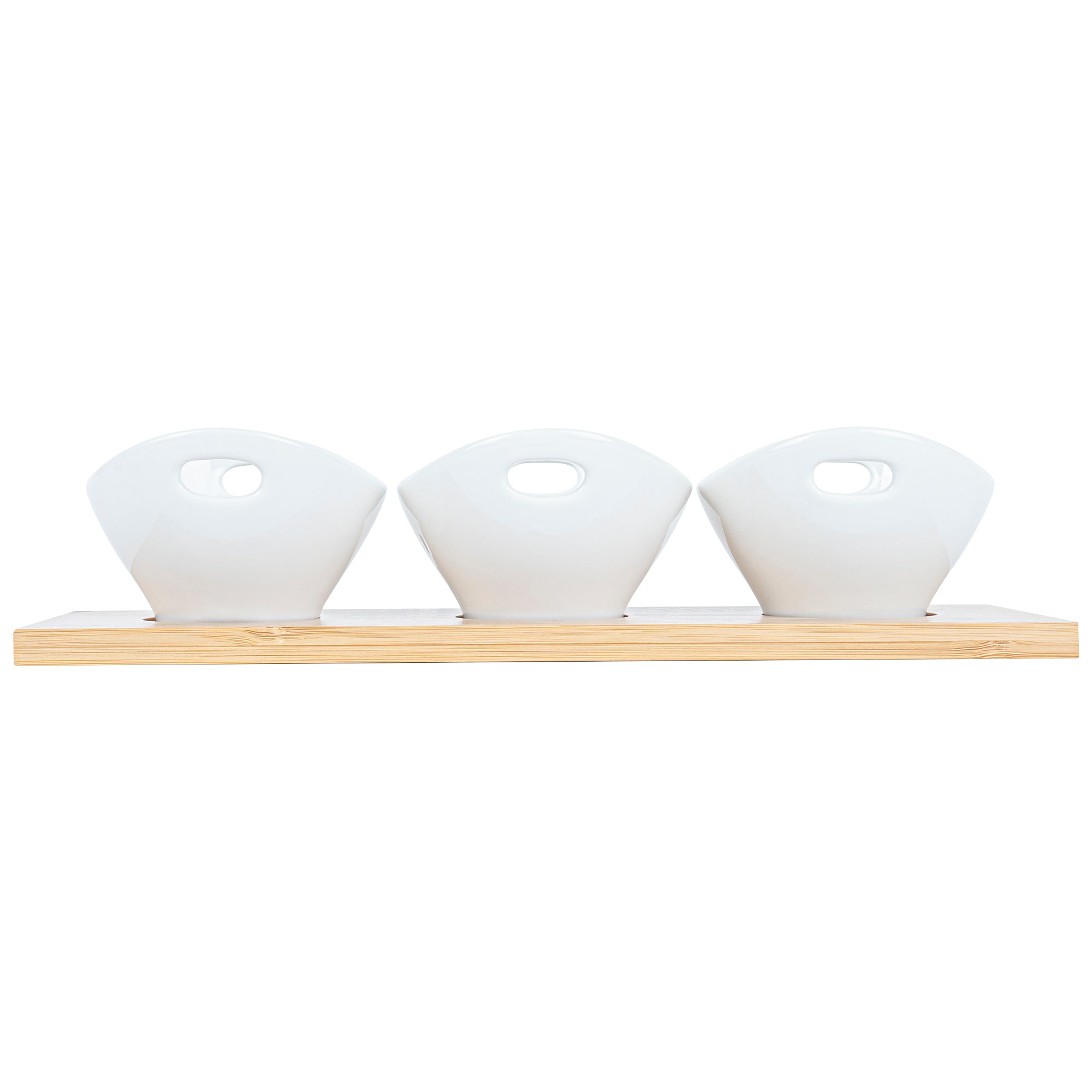 6 oz White Porcelain Rectangular Basket Bowls Set of 3 with Bamboo Tray - 11.75