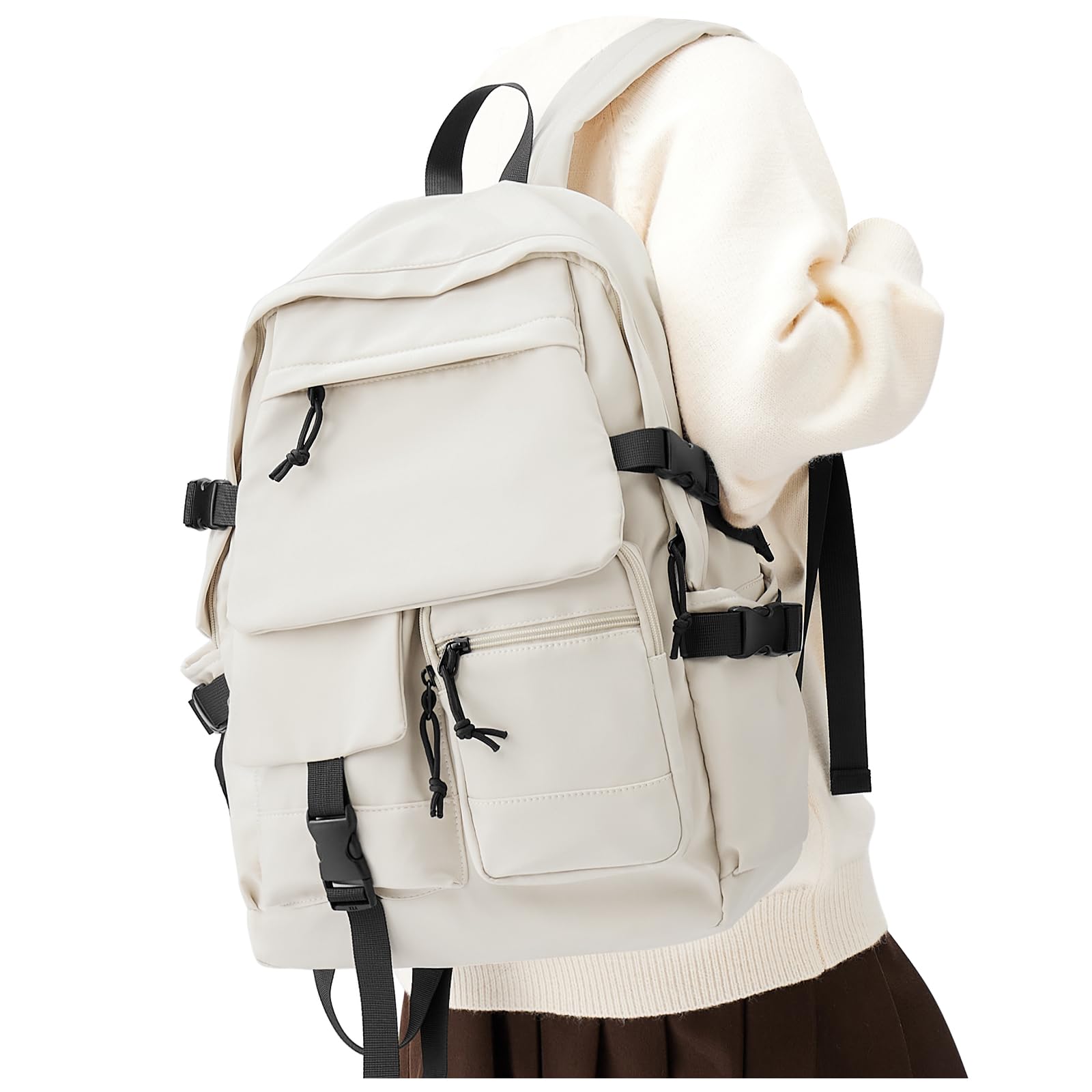 Winspansy Small Beige Backpack for College Students - Waterproof Canvas Travel Backpack for Women & Men - Lightweight Casual Bookbag Rucksack - Perfect for School, Commuting & Weekend Getaways