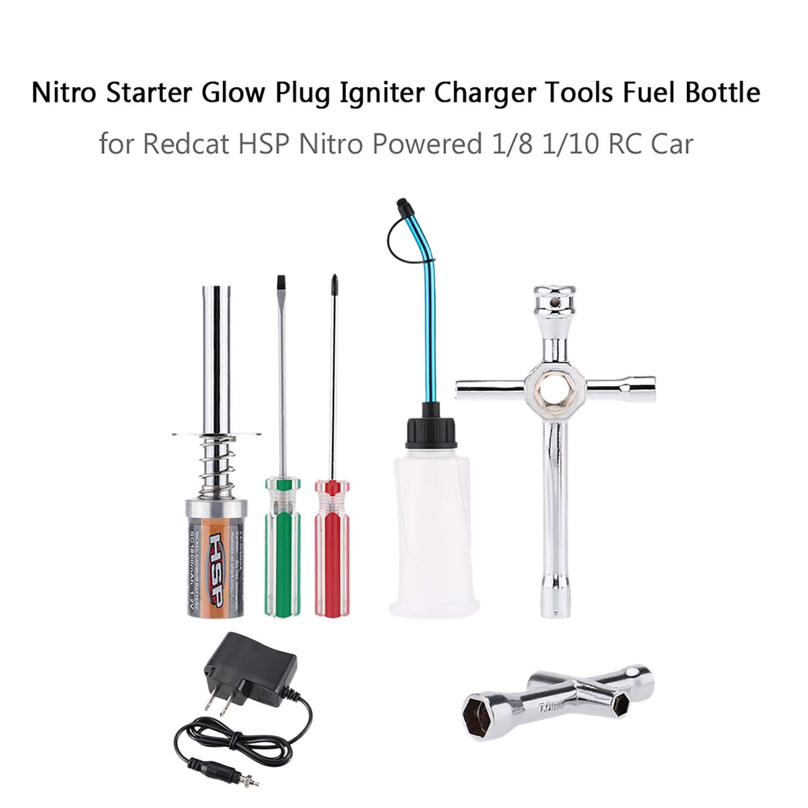 Nitro RC Starter Kit - Glow Plug Igniter & Fuel Bottle for Redcat HSP 1/8 1/10 Cars - Off-Road Racing & Hobby Use