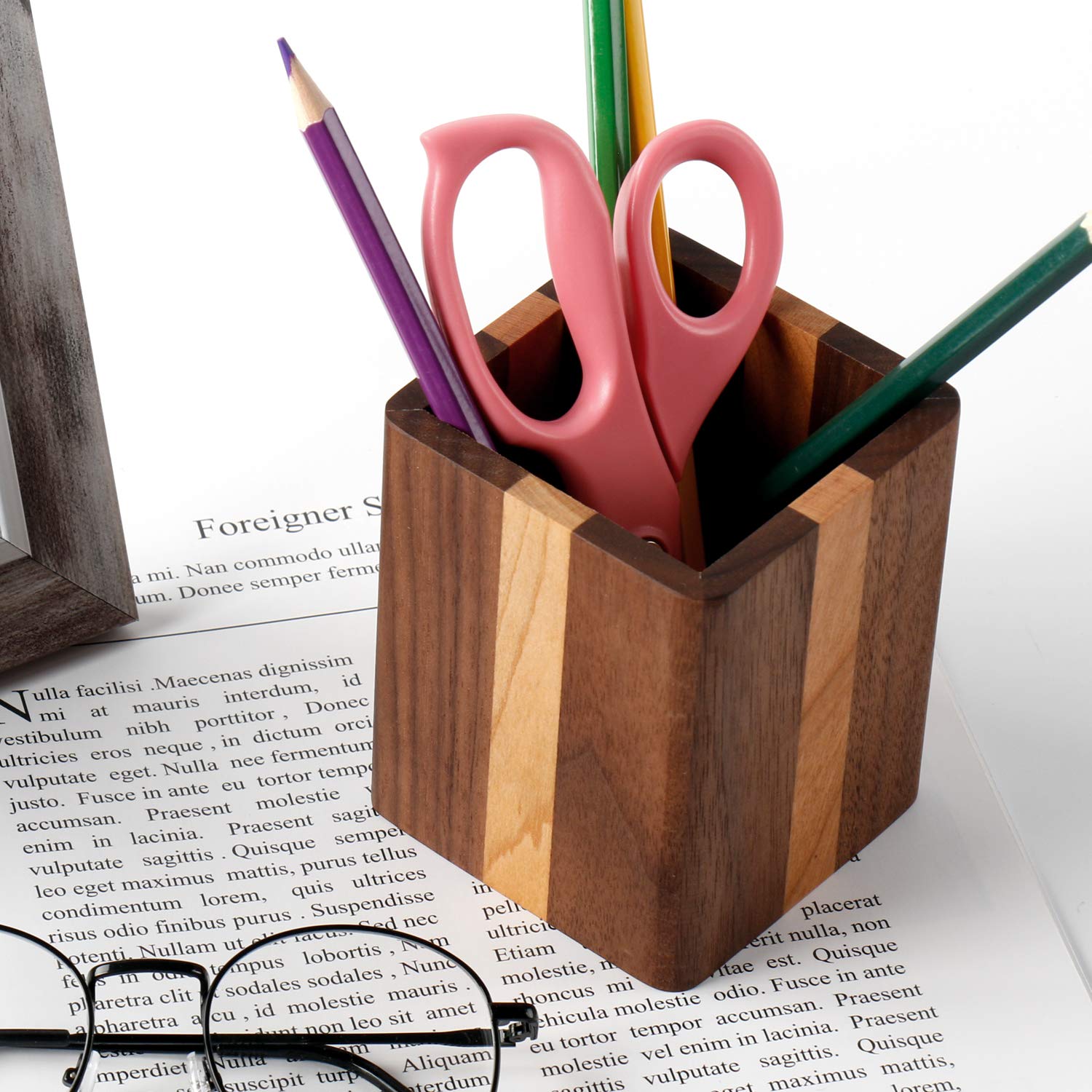 Natural Wood Desk Pen Holder & Pencil Organizer - Cherry & Walnut Desktop Office Stationery Stand - Perfect for Home Office, Study Desk & Workspace Organization