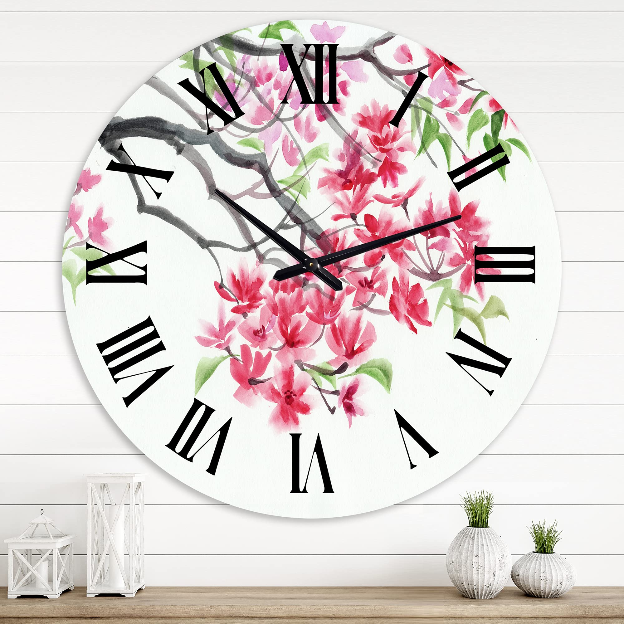 DesignQ Traditional Wall Clock 'Red Blossoming Tree' - Large Floral & Botanical Wall Clock for Living Room, Bedroom, Office Decor - Perfect for Home, Office & Gift Giving