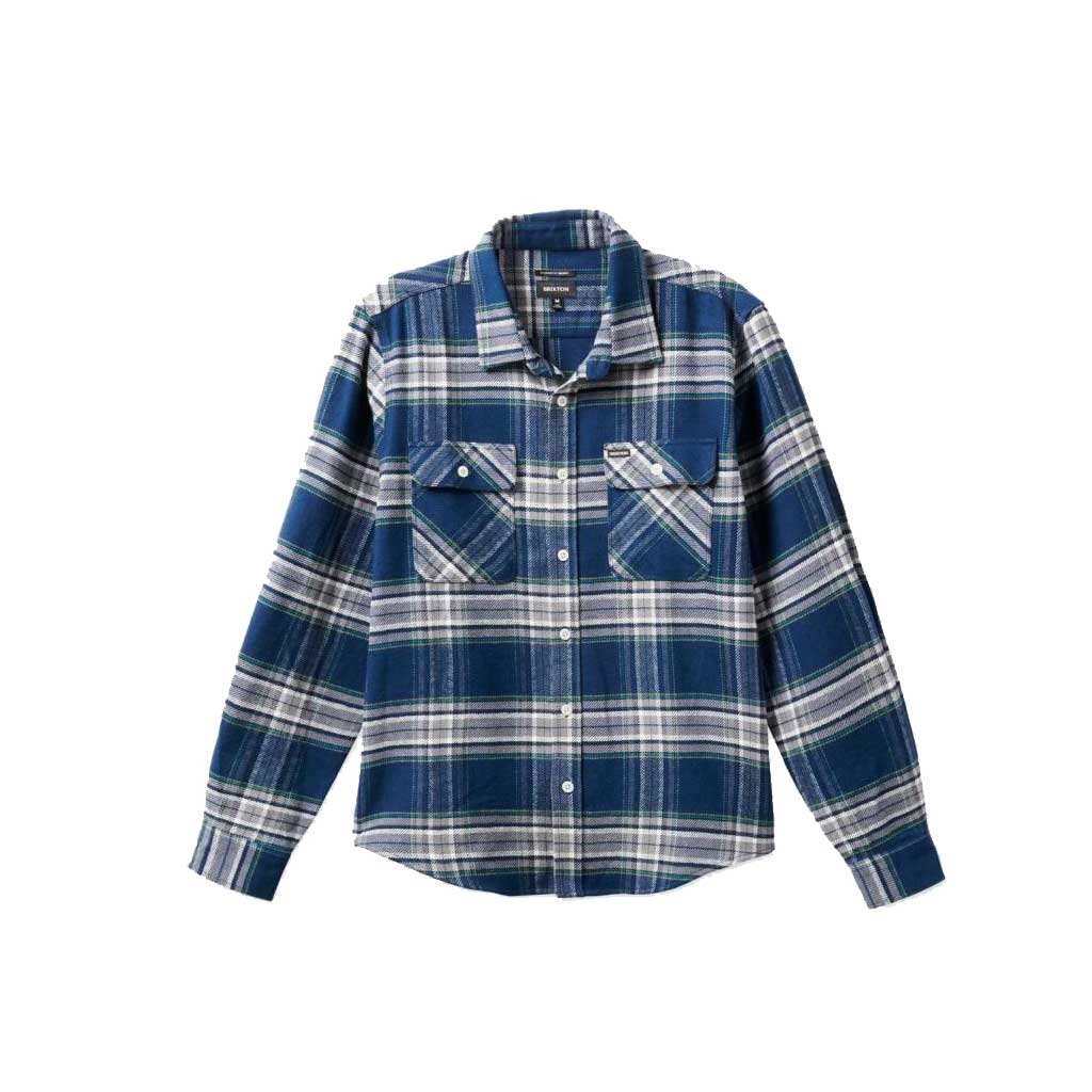 Brixton Bowery Long Sleeve Flannel Shirt - Moonlit Ocean & Grey Plaid - Casual & Comfortable for Fall & Winter Outfits