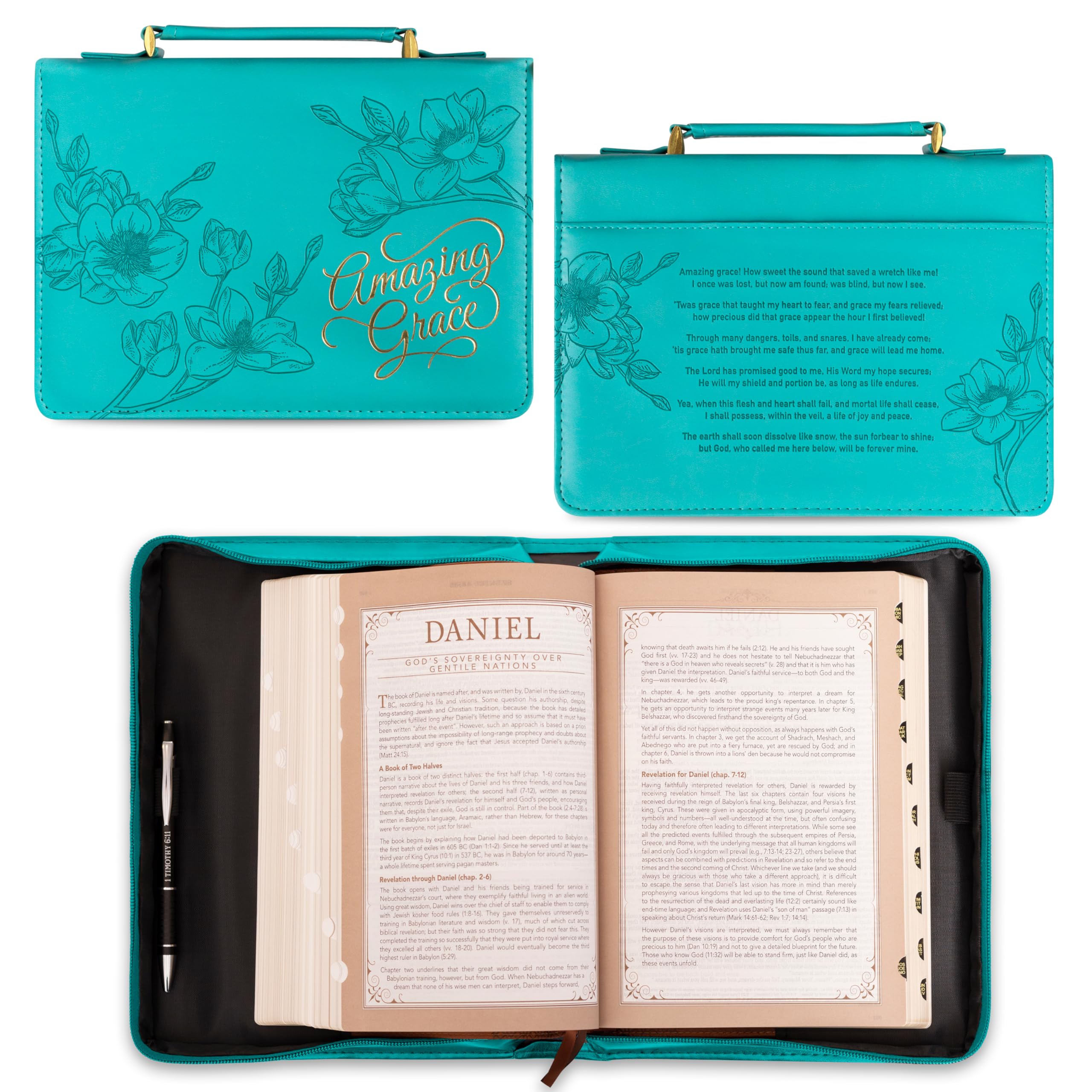 Christian Art Gifts Teal Floral Faux Leather Bible Cover with Handle & Zippered Pocket for Women - Medium Size, Perfect for Church, Bible Study & Travel | Inspirational 'Amazing Grace' Hymn Design