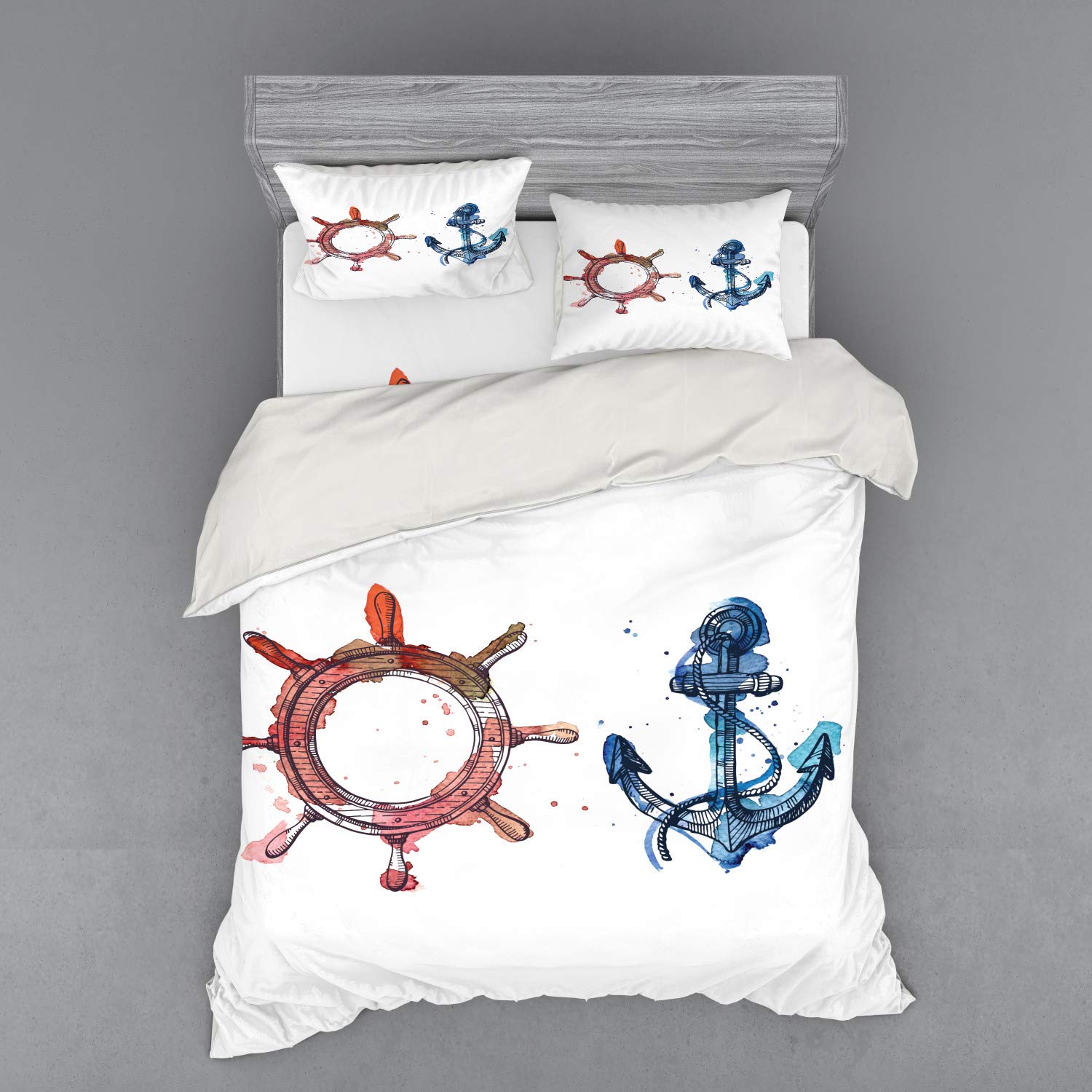 Ambesonne Nautical Queen Size 4-Piece Bedding Set - Anchor & Steering Wheel Watercolor Design with Ink Brush Effects, Pink & Blue Duvet Cover with Shams & Fitted Sheet | Perfect for Coastal Themed Bedrooms, Guest Rooms & Beach House Decor