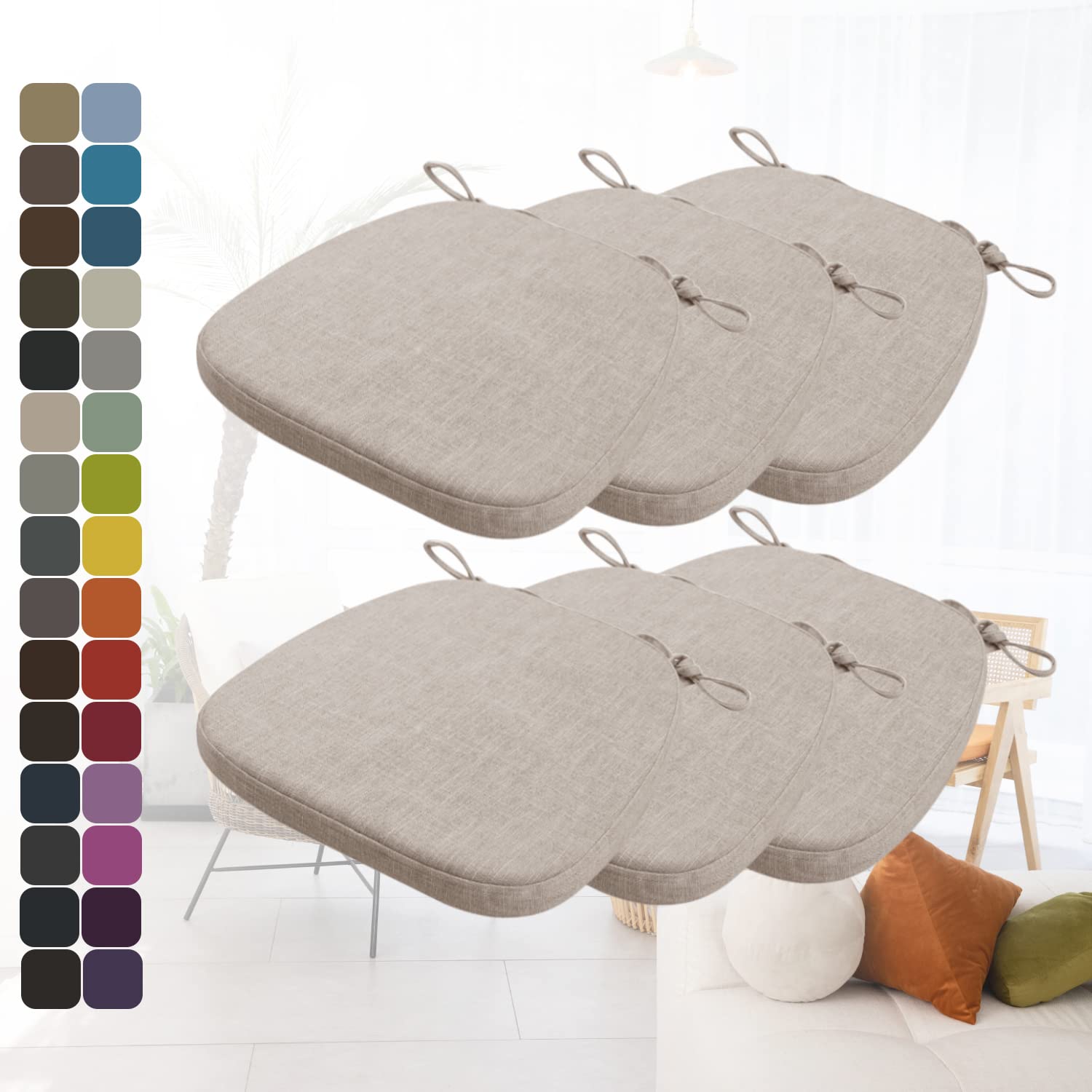 Kimgull Non-Slip Chair Cushions with Ties - Set of 6 Thickened Breathable Seat Pads (17x16.5x1.2In, Taupe) - Washable Covers for Kitchen, Dining, Office & Living Room Chairs - Comfortable Support for Long Sitting & Back Pain Relief - Perfect for Home, Restaurant, Work, Study & Relaxation - Great for Dining, Working, Studying & Home Decor - Ideal for Enhancing Comfort in Home Office, Kitchen, Restaurant & Living Room Seating
