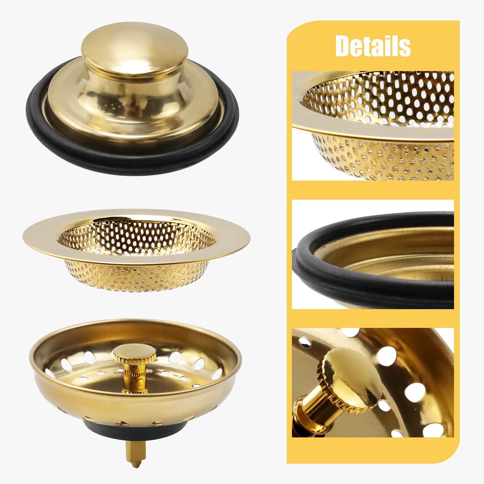 Antrader 3Pcs Gold Stainless Steel Kitchen Sink Drain Strainer & Stopper Set - Durable Sink Basket Filter for Food Waste, Hair Clog Prevention - Perfect for Kitchen, Bathroom, RV & Camper Use