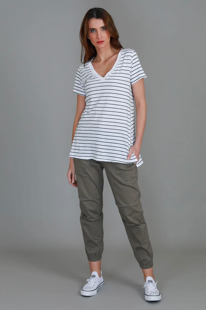 Frankie V Neck Tee for Women - Navy & White Striped Cotton T-Shirt - Casual Summer Top for Everyday Wear, Outings & Layering