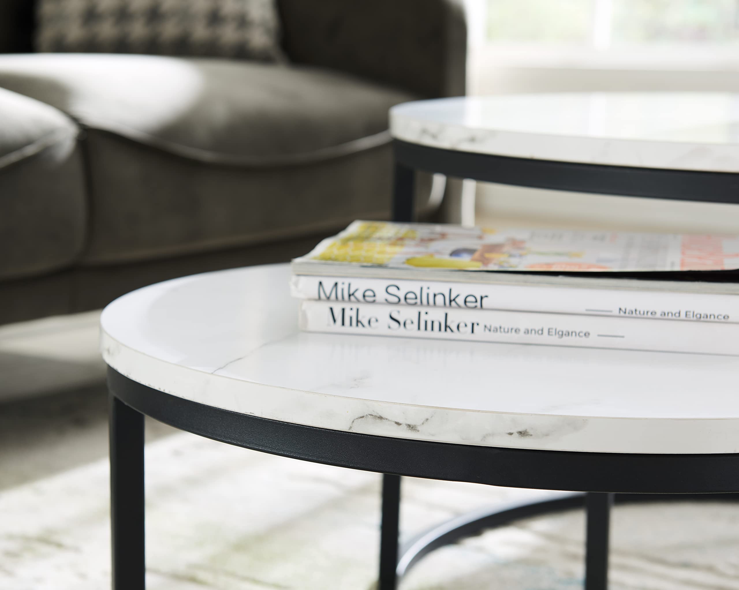 Modern Round Nesting Coffee Table Set of 2 - Mid Century Wood Accent with Faux Marble Tabletop & Black Frame - Perfect for Living Room, Office, Balcony - Great Gift for Thanksgiving & Christmas - Ideal for Small Spaces & Home Decor (White)