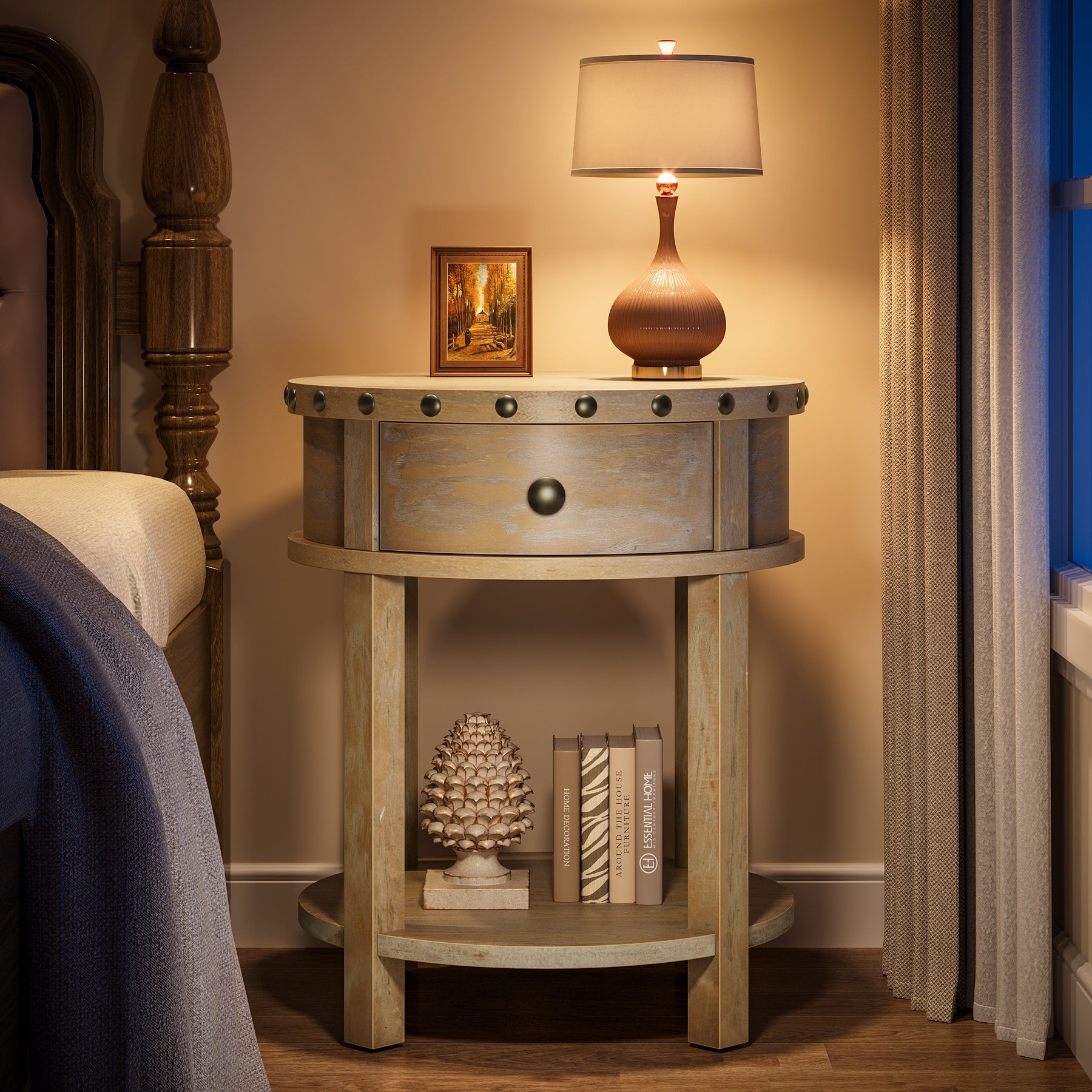 Farmhouse Round Nightstand with Drawer - Solid Wood Bedside Table for Bedroom, Living Room & Guest Room - Rustic Home Decor & Functional Storage Solution