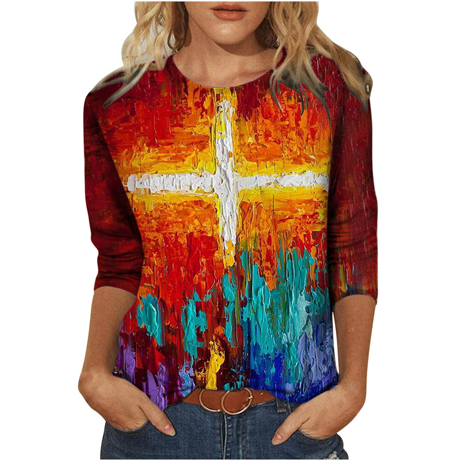 Women's 3/4 Sleeve Fall T-Shirts - Classic Cross Print Comfortable Soft Round Neck Tops for Casual Wear, Layering & Everyday Outfits