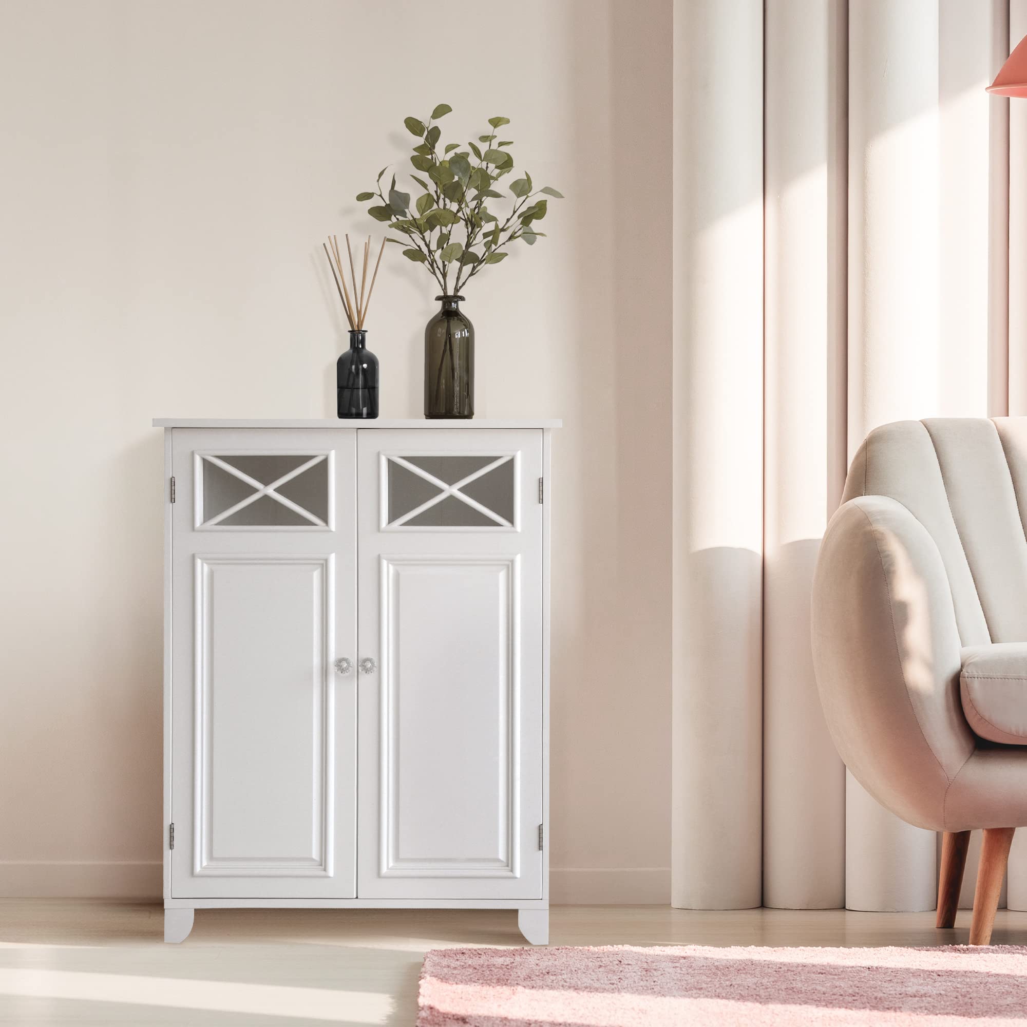 Teamson Home Dawson White Wooden Freestanding Floor Cabinet - 3 Storage Spaces, 1 Fixed & 1 Adjustable Shelf, 2 Glass Panel Doors with Clear Knobs - Perfect for Living Room, Bedroom, or Office Storage & Display