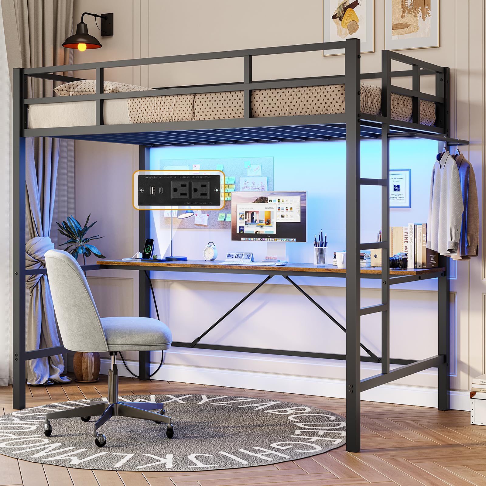 **Twin Loft Bed with Desk & Charging Station - Metal Bunk Bed Frame with LED Lights, Safety Guardrail & Stair - Space-Saving Black Platform Bed for Kids & Teens - Perfect for Small Bedrooms, Dorms & Studio Apartments**