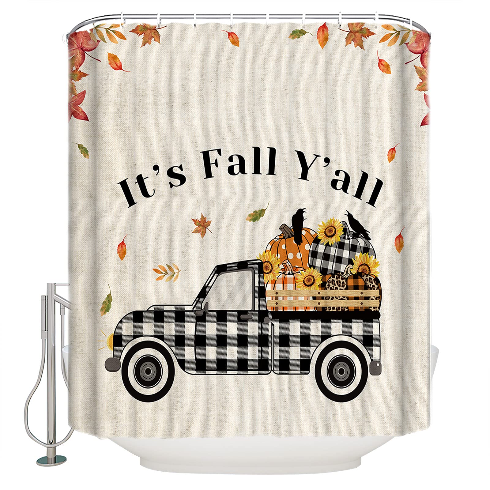 Thanksgiving Checkered Truck Pumpkin Waterproof Shower Curtain Set - 36 x 72 Inch Fall Bathroom Decor with Burlap Texture, Polyester Fabric & 12 Hooks - Perfect for Autumn, Farmhouse or Rustic Style Bathrooms