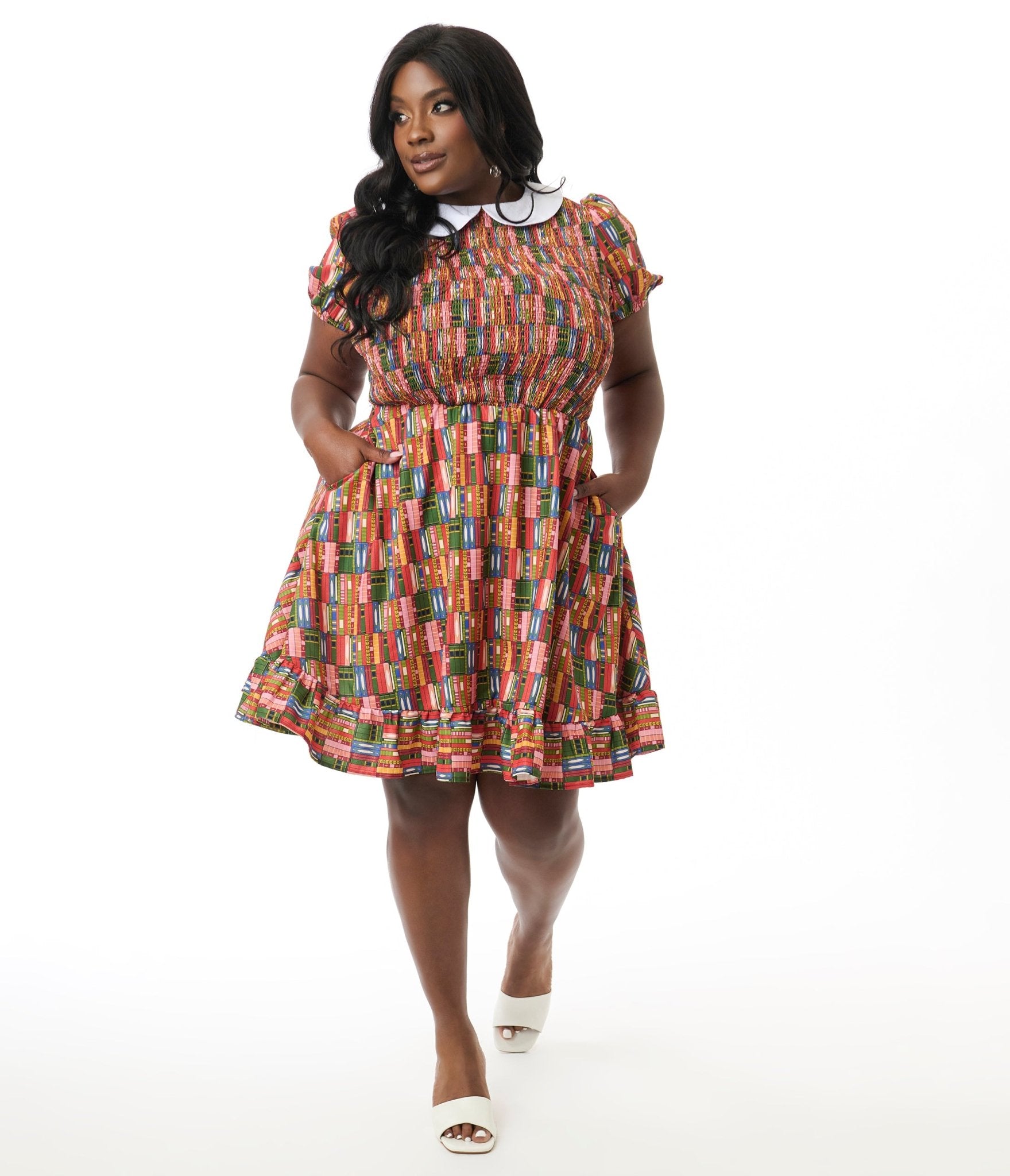 Smak Parlour Plus Size Library Shelves Print Smocked Fit & Flare Dress - Elegant Floral Library Print Midi Dress for Women, Perfect for Office, Party & Special Occasions