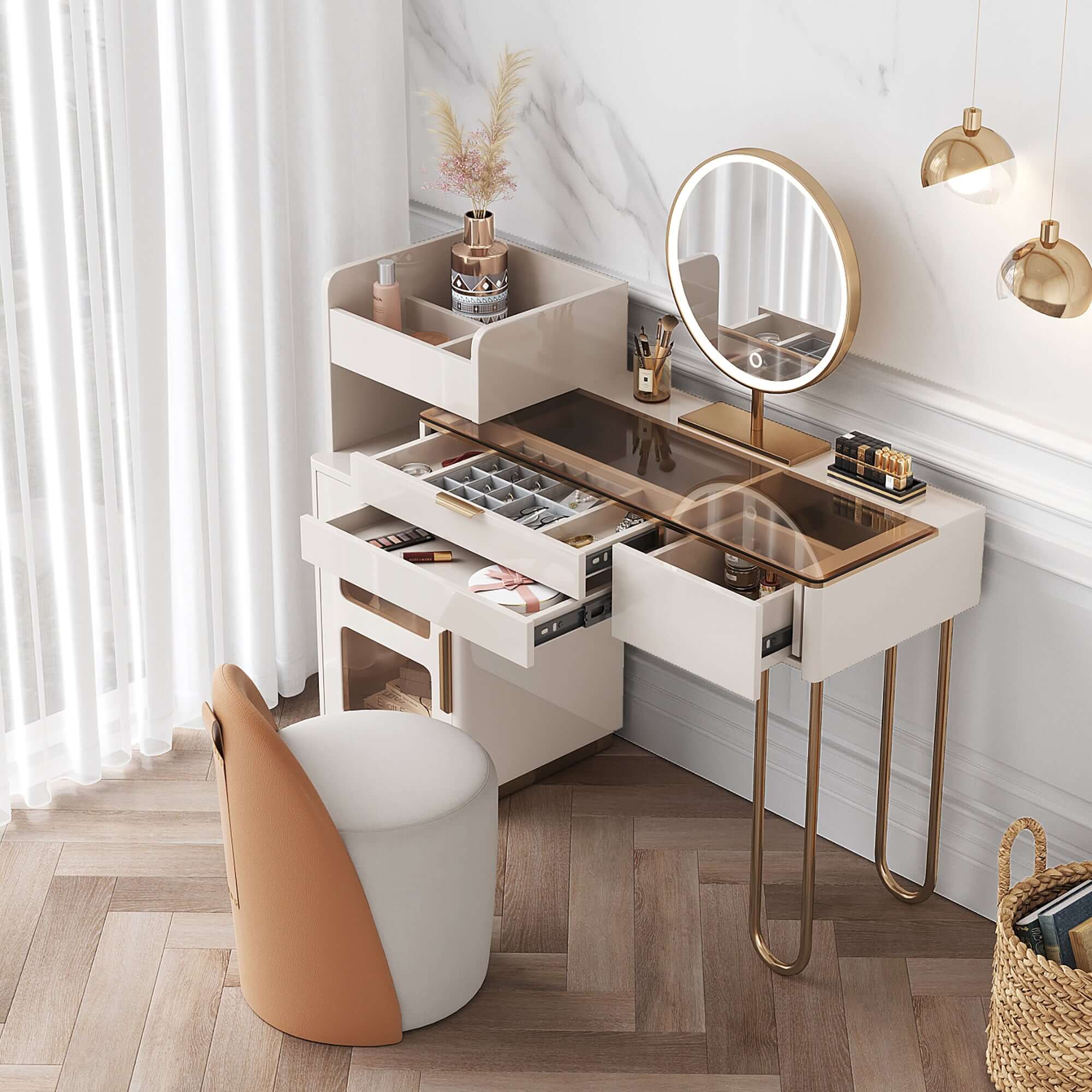 White Makeup Vanity Table with Glass Top, Open Storage Compartment, Drawers & Cabinet - Perfect for Bedroom, Dressing Room & Beauty Salon Organization