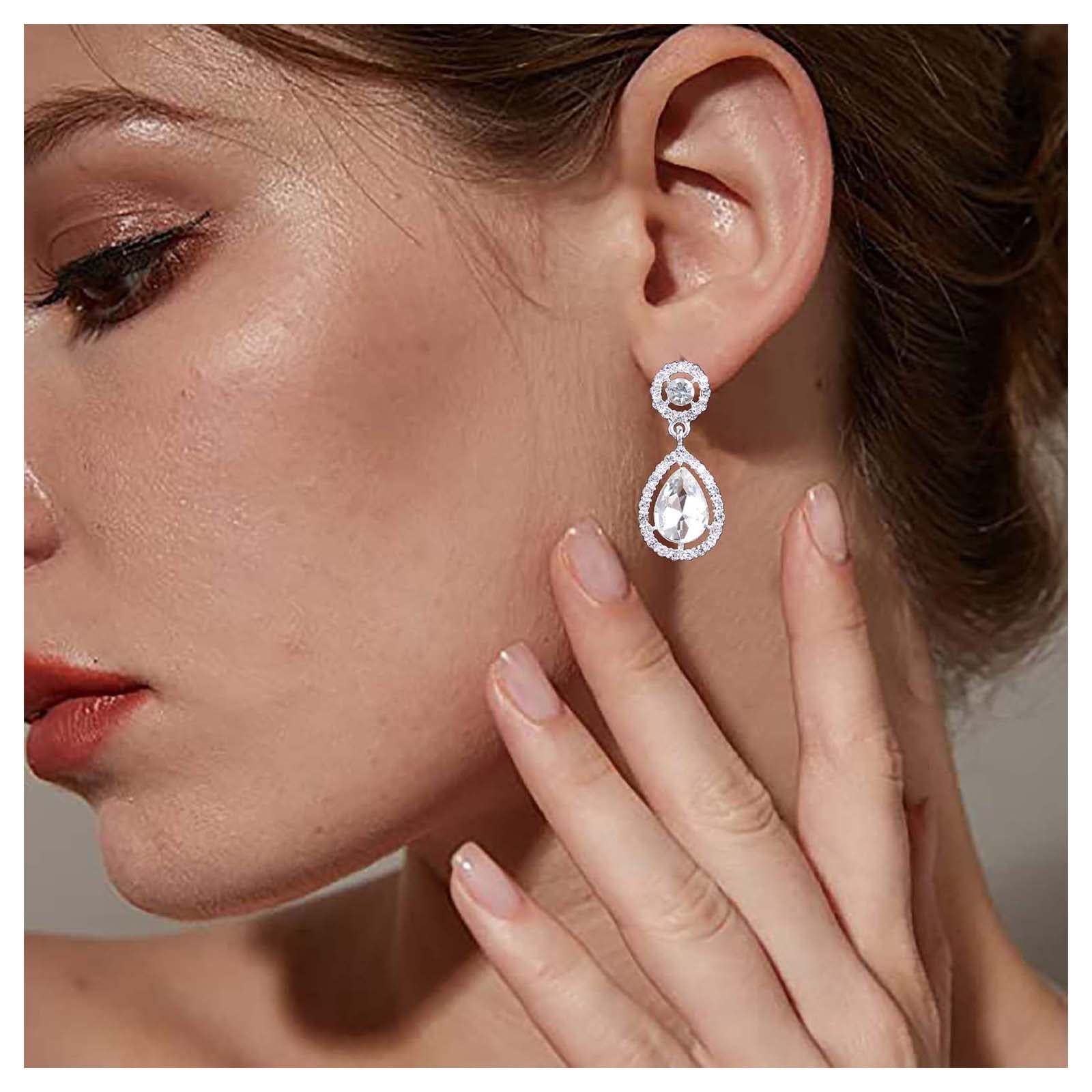 Boho Crystal Rhinestone Earrings for Women – Silver Waterdrop Dangle Earrings with Vintage Gemstone & Sparkly CZ Paved Circle Studs | Elegant Jewelry Gift for Girls, Party, Wedding & Daily Wear
