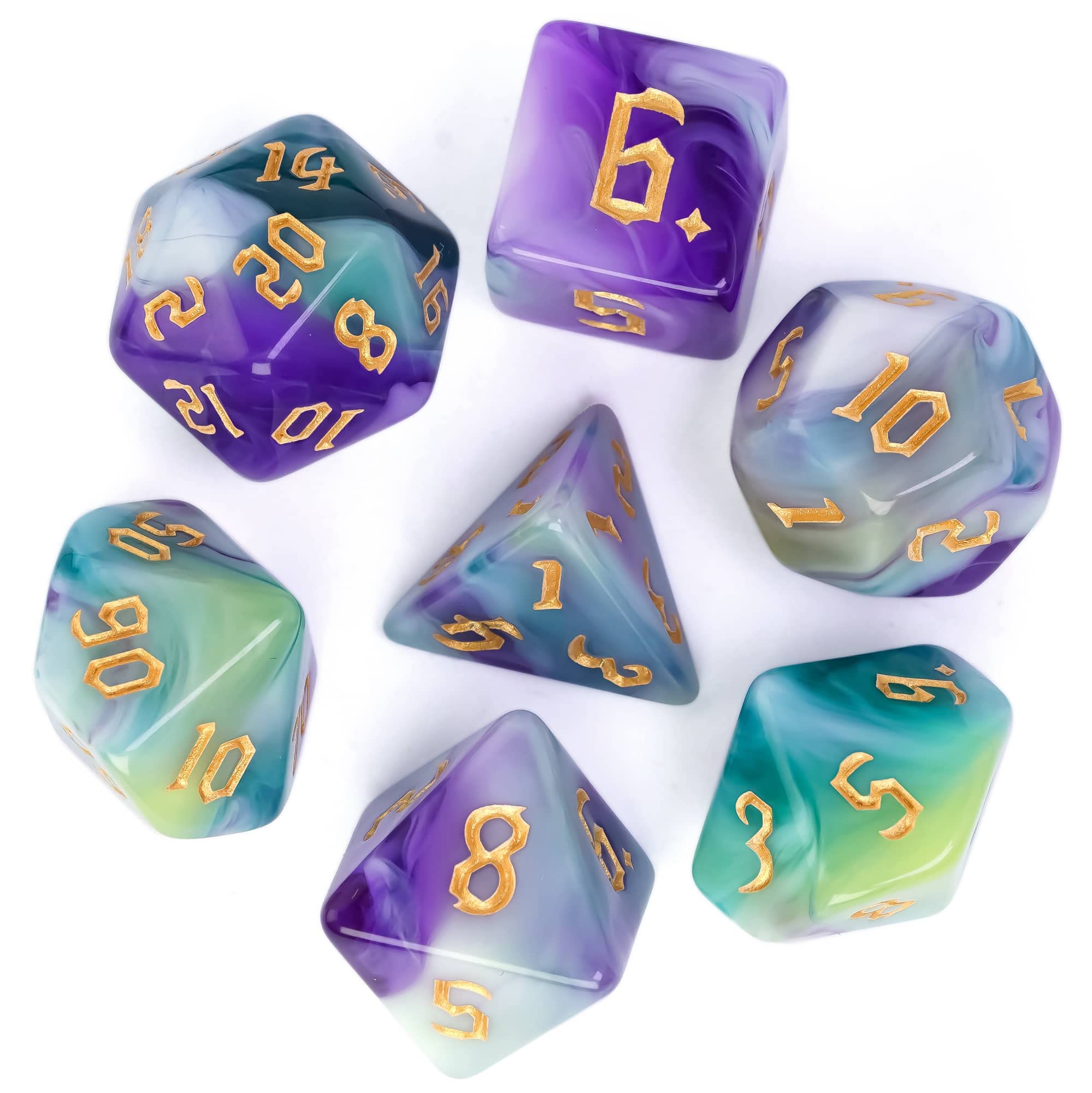 Premium 7-Die Polyhedral DND Dice Set for Dungeons & Dragons RPG - Purple, Green & White D&D Dice for Tabletop Roleplaying Games | Perfect for D&D Campaigns, Pathfinder & Fantasy Board Games