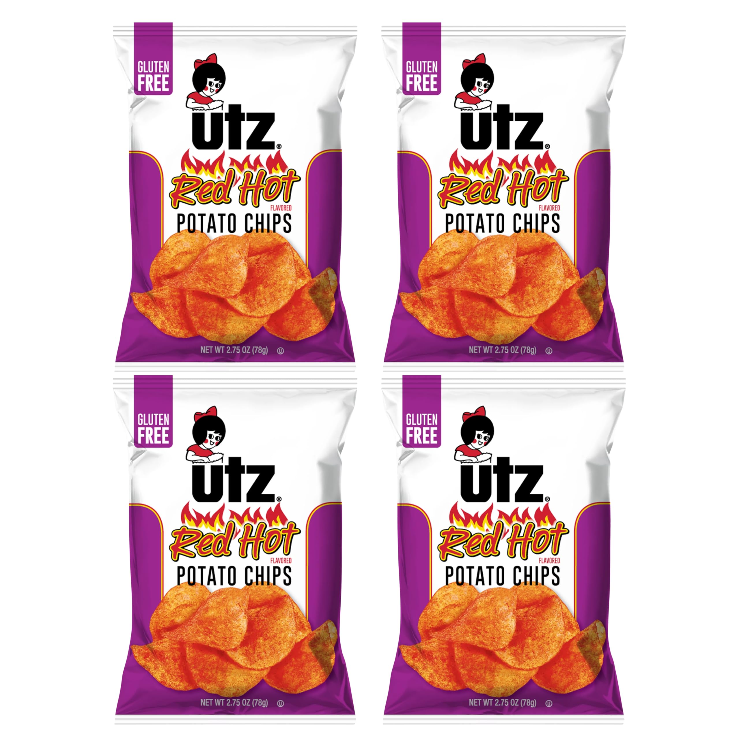 Utz Red Hot Potato Chips 2.75oz (4 Pack) - Gluten Free, Spicy Snack for Parties, Picnics & Game Day - Crunchy & Flavorful