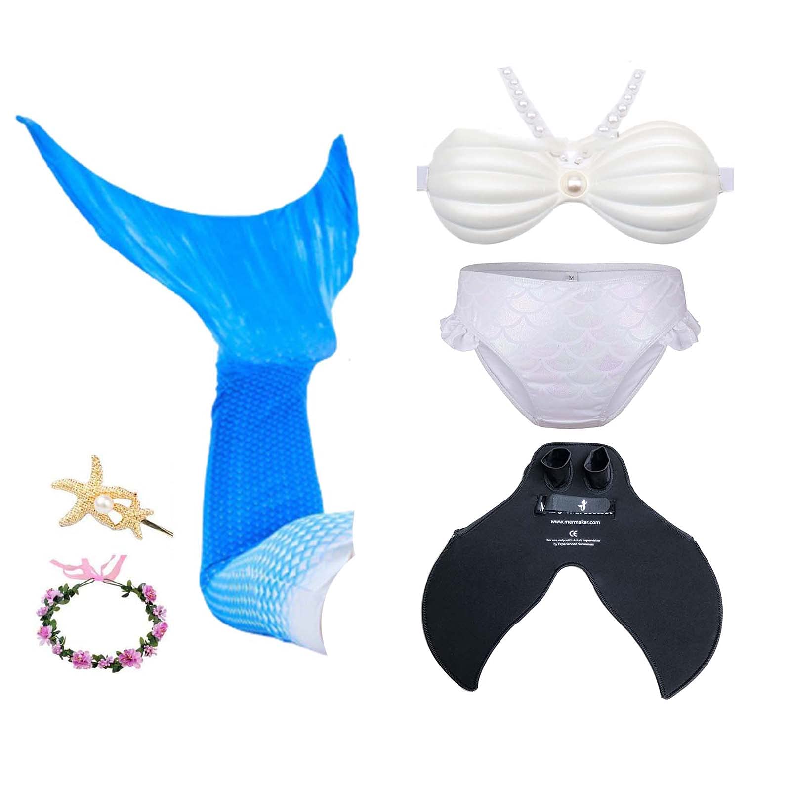 6 Pcs Mermaid Tail Swimsuit for Girls - Blue Bikini Set with Flippers, Mermaid Princess Costume (X-Large) - Perfect for Pool Parties, Beach Vacations & Underwater Photography