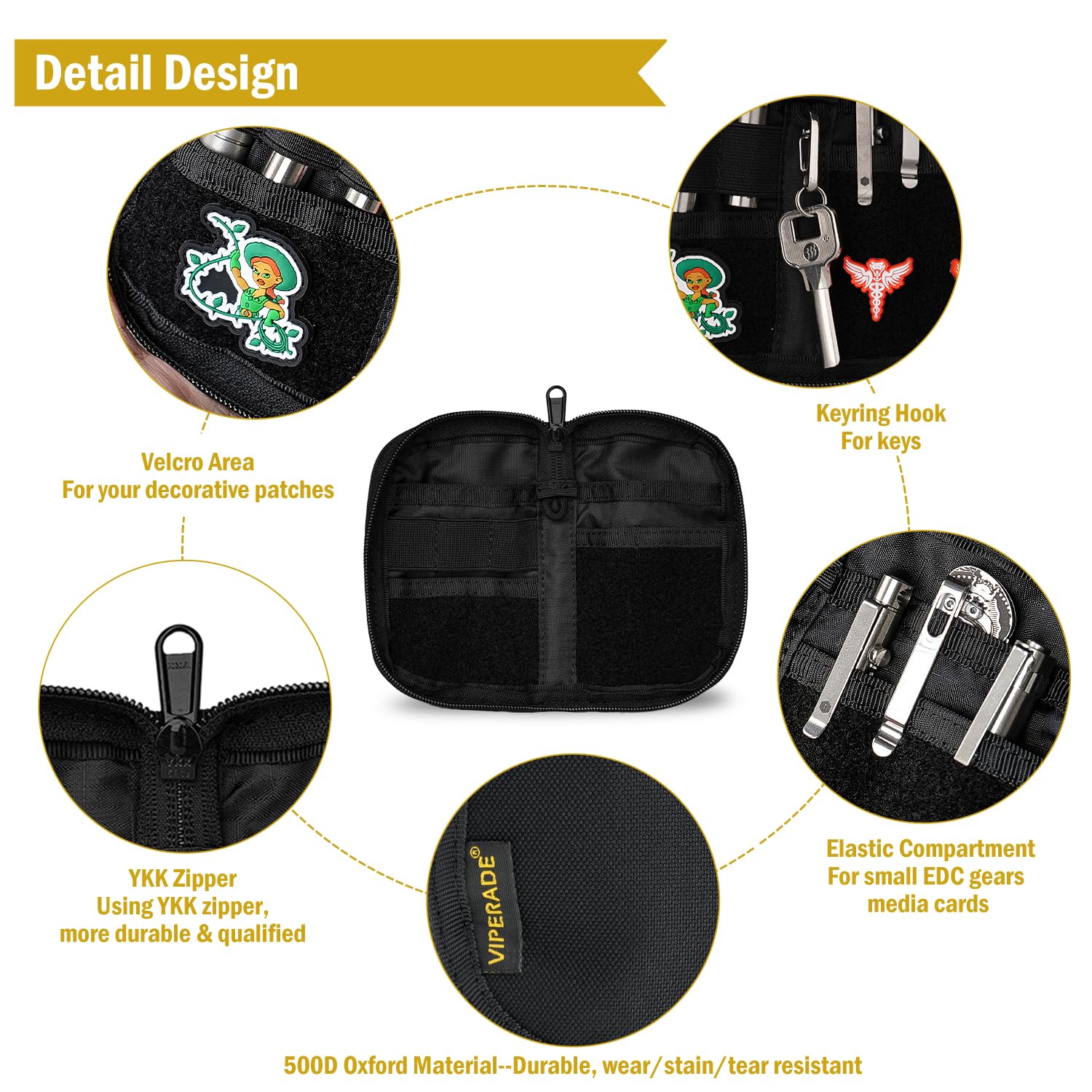 VIPERADE VE21 EDC Pouch - 6 Pocket Nylon Tool Organizer with Hook & Loop Closure, Compact Multitool Pouch for Everyday Carry (Black) - Perfect for Camping, Hiking, Work & Outdoor Gear Organization