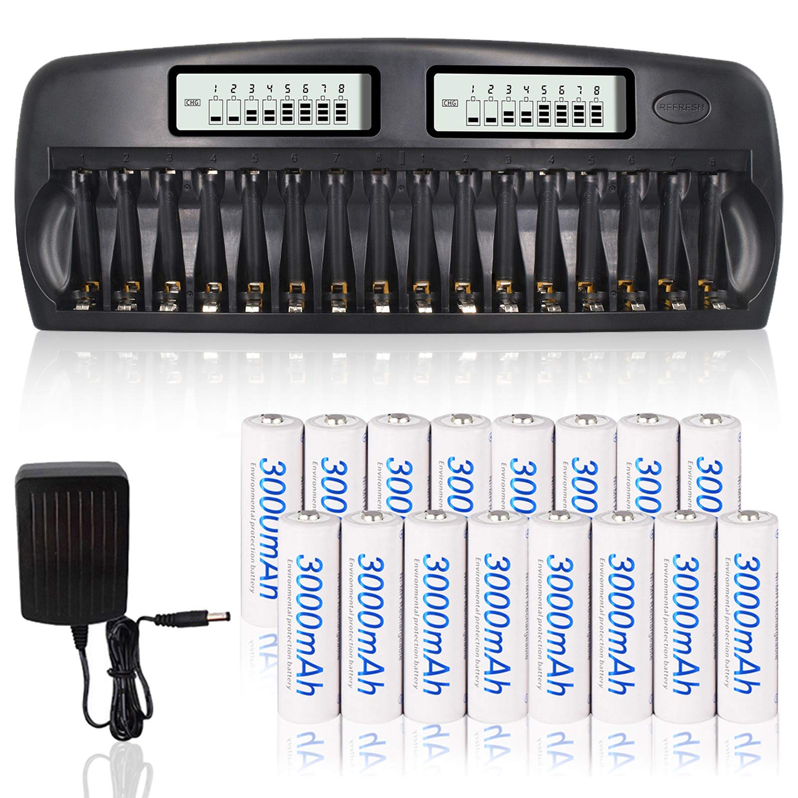 16 Bay Smart LCD AA AAA Battery Charger with 16 Pack 3000mAh Ni-MH Rechargeable Batteries - Fast Charging for Alkaline & NiMH Batteries | Ideal for Cameras, Toys, Remote Controls & Electronic Devices