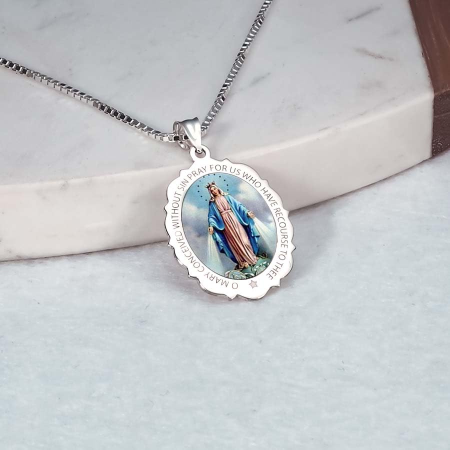 Miraculous Medal Necklace - 10K/14K Yellow/White Gold & Sterling Silver Catholic Virgin Mary Pendant for Women & Men | Religious Jewelry for First Communion, Baptism & Christian Gifts | Elegant Oval Design for Daily Wear & Special Occasions