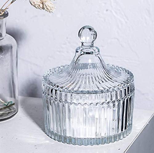 300ml/10oz Glass Candy Dish with Lid - Decorative Crystal Candy Bowl, Apothecary Jar for Wedding Buffet, Home & Office Desk Decor - Clear Glass Food Container (Perfect for Parties, Gifts & Candy Storage)