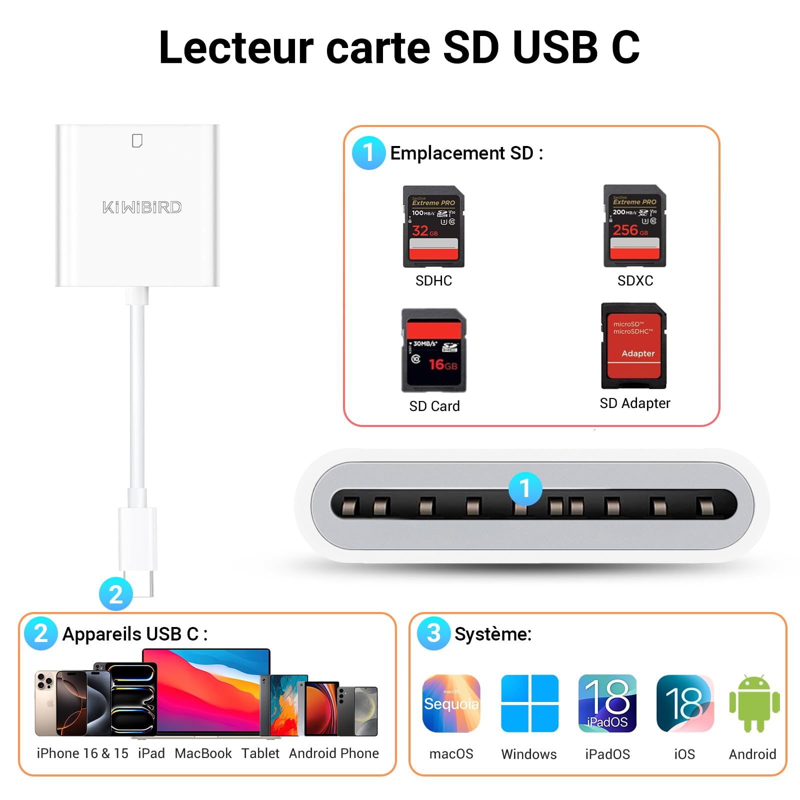 KiWiBiRD USB C SD Card Reader - External Memory Adapter for iPhone 16/15/Plus/Pro/Max, MacBook Air, iPad, iMac, Galaxy S24/S23 & Android Phones - Photo Transfer Device for Travel, Photography & Data Backup