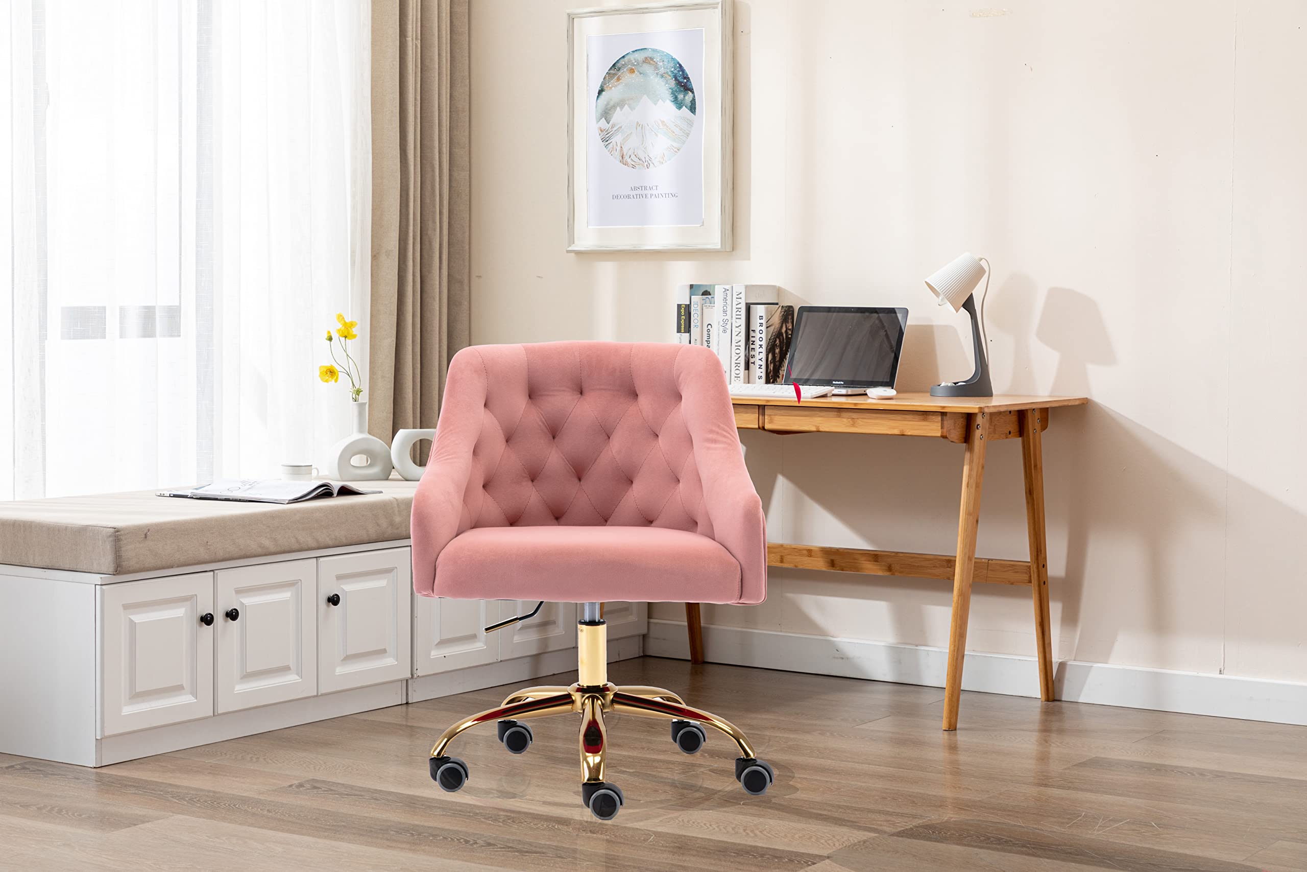 Ergonomic Velvet Swivel Office Chair with Wheels & Height Adjustment - Modern Home Desk Chair for Work, Study, Makeup Vanity - Perfect for Living Room, Bedroom & Home Office (Pink)