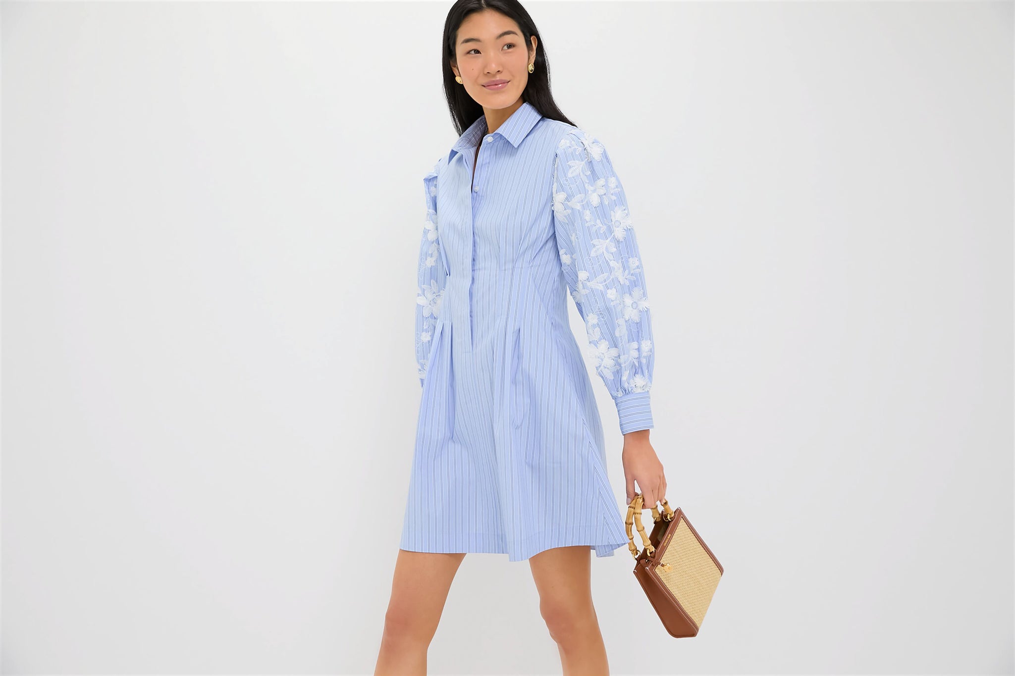 Blue Stripe Embroidery Mini Corinne Dress - Floral Summer Dress for Women, Perfect for Beach Vacation, Garden Party & Date Night Outfits