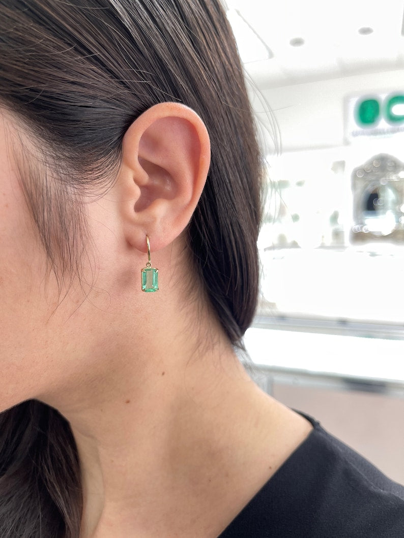 4.90tcw 14K Gold Light Spring Green Emerald Cut Solitaire Dangle Earrings for Women - Elegant Drop Earrings for Wedding, Party & Evening Wear