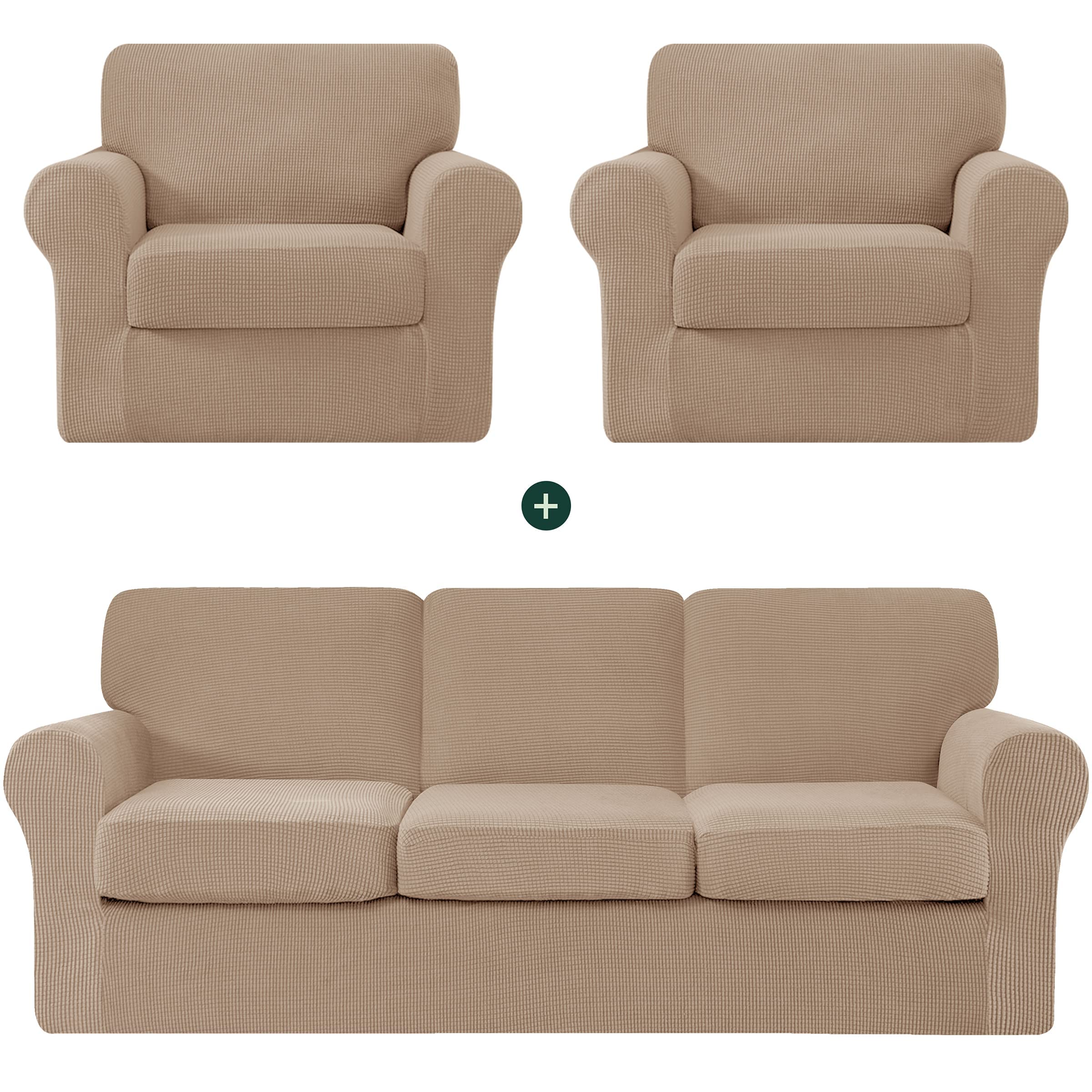 CHUN YI 2-Piece Armchair Sofa Slipcover Set - Stretchable Jacquard Fabric Couch Cover with Detachable Backrest & Seat Cushions (Camel Check Pattern) - Perfect for Living Room Furniture Protection & Home Decor Upgrade