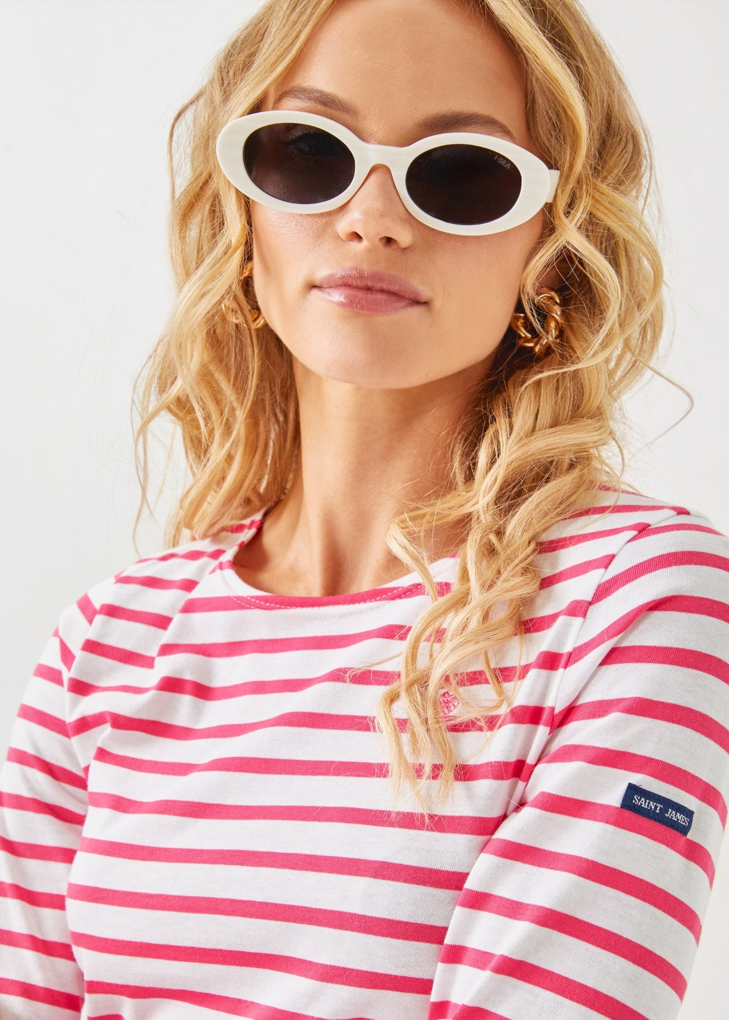Lilly Pulitzer x MINQUIDAME Women's Long Sleeve Breton Striped Cotton Shirt with Embroidered Logo - Soft, Comfortable Fit in White & Neon Pink - Perfect for Casual Wear, Office Outfits and Weekend Brunch