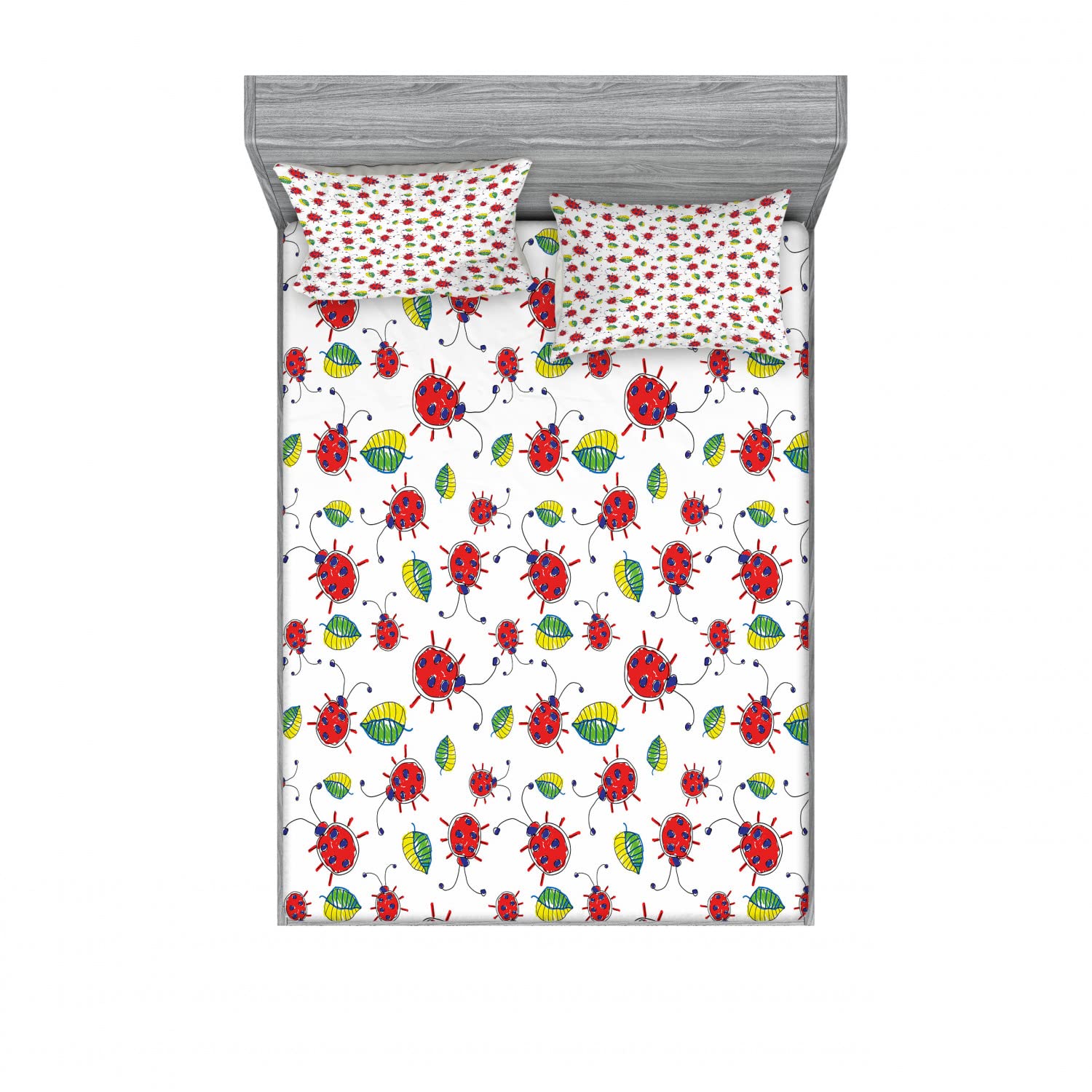 Ambesonne 2-Piece Ladybug Print Queen Size Fitted Sheet Set with 4 Pillow Shams - Cute Cartoon Doodle Bedding Collection for Girls Room Decor - Perfect for Kids Bedrooms, Dorm Rooms & Themed Sleepovers