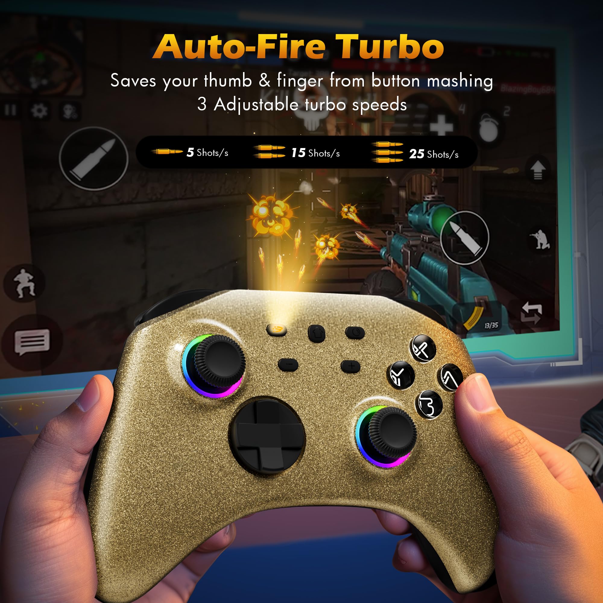 Mytrix Gold Wireless Pro Controller for Nintendo Switch/Switch Lite/Switch OLED - RGB Joystick Gamepad Compatible with PC/Android/iOS/Steam/Steam Deck - Multi-Platform Gaming Controller for Home Entertainment & Travel Gaming