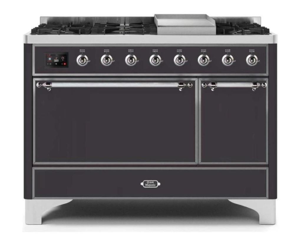 ILVE 48 Inch Majestic II Series Freestanding Dual Fuel Range - 8 Sealed Brass Burners with Non-Stick Coating & Griddle - Propane Gas Stove for Professional Home Kitchen (UM12FDQNS3) | Perfect for Large Family Cooking, Holiday Entertaining & Gourmet Meal Preparation