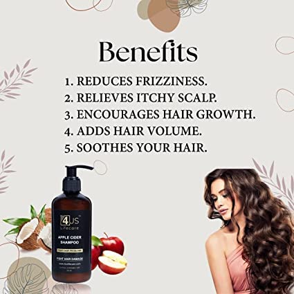 4us Lifecare Apple Cider Vinegar Shampoo with Virgin Coconut Oil & Almond Oil - Gentle Natural Detox Formula for Buildup Removal - Perfect for Damaged Hair & Scalp Care - Daily Use & Color-Treated Hair Safe