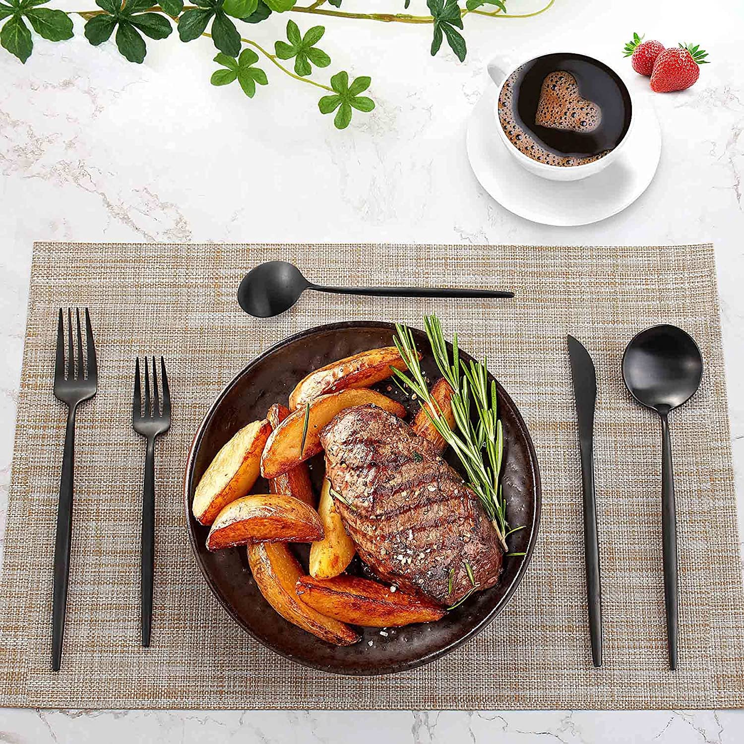 Premium STAR WORK Matte Black Flatware Set - 24-Piece Stainless Steel Forks & Spoons for Home, Kitchen, Restaurant & Hotel Use - Satin Finish, Dishwasher Safe - Elegant Dining Utensils for Everyday Meals, Dinner Parties & Catering Events