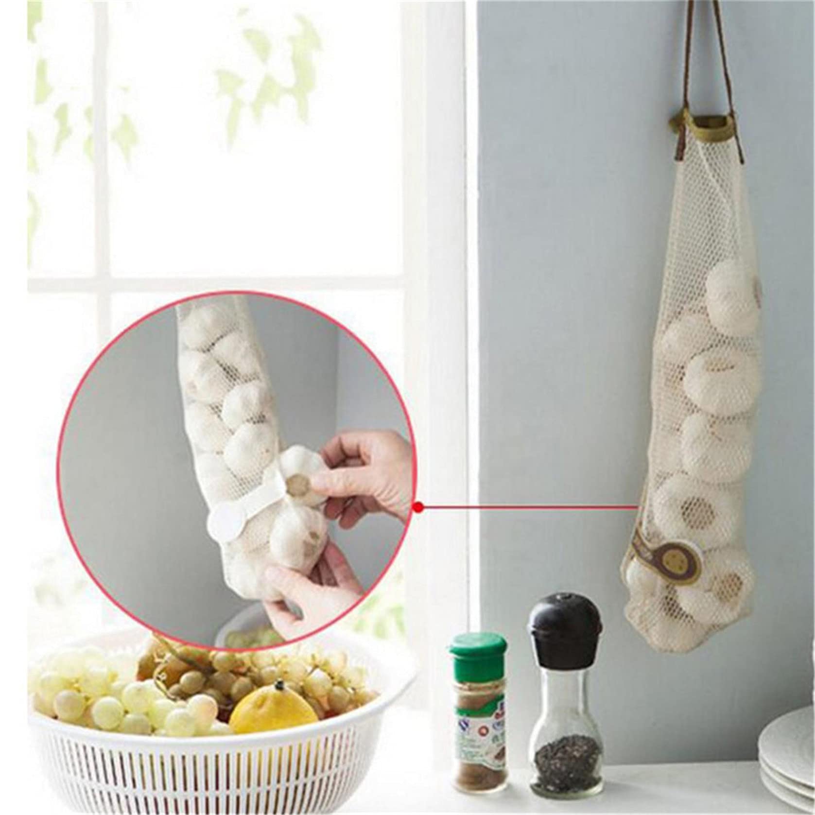 Reusable Hanging Mesh Storage Bags for Onions, Garlic, Potatoes & Produce - Breathable Net Bags for Fruits & Vegetables - Perfect for Kitchen Pantry, Grocery Shopping & Farmers Market