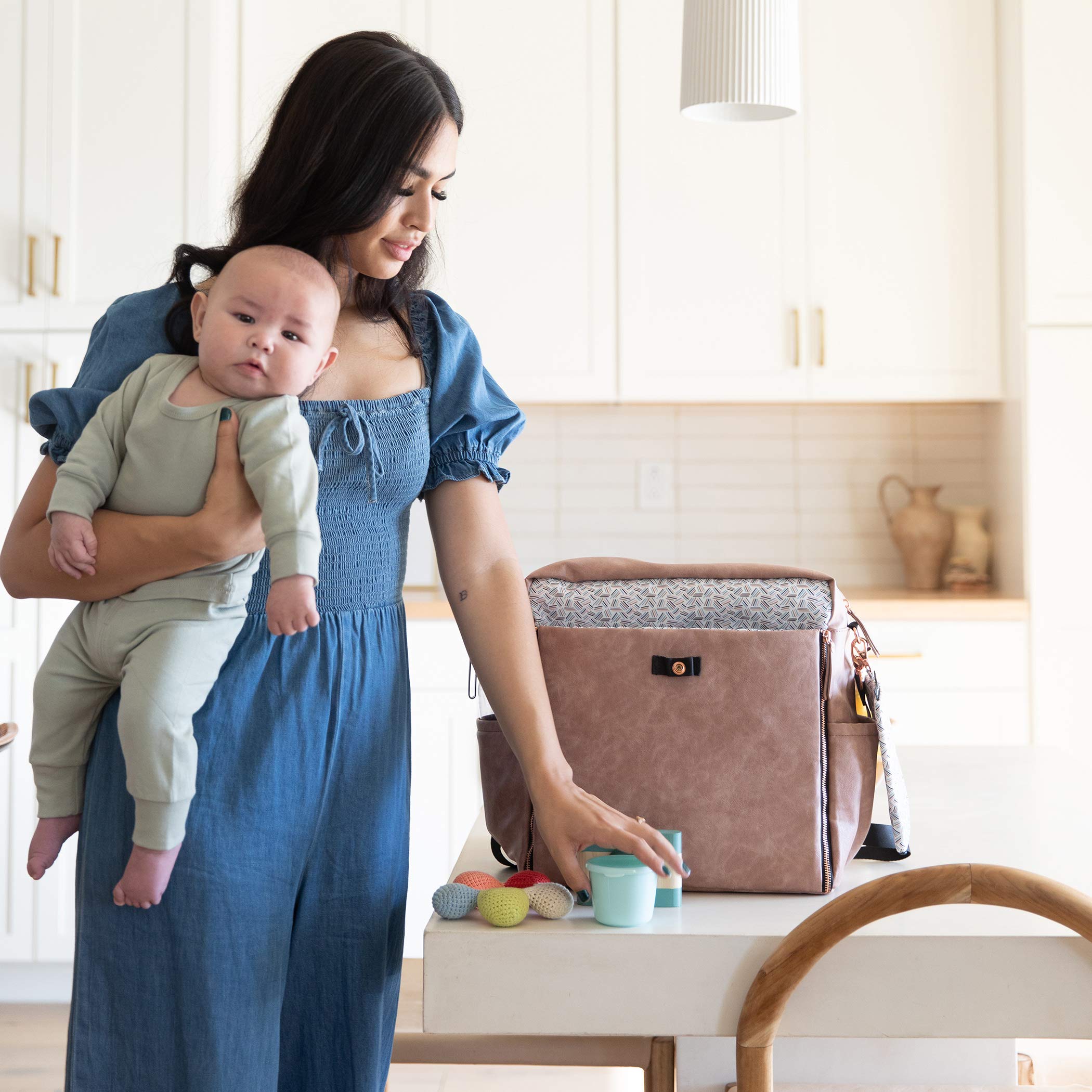 Petunia Pickle Bottom Boxy Backpack Diaper Bag - Stylish Spacious Baby Bag for On-The-Go Moms - Dusty Rose Leatherette - Perfect for Travel, Daycare & Everyday Use