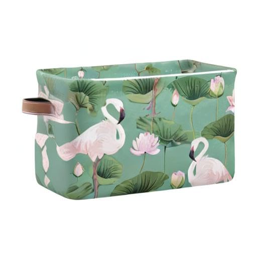 Susiyo Large Foldable Storage Bin - Pink Flamingo Lotus Fabric Collapsible Basket with PU Handles for Home Organization (1-Pack) | Perfect for Shelves, Closet, Bedroom & Living Room Storage