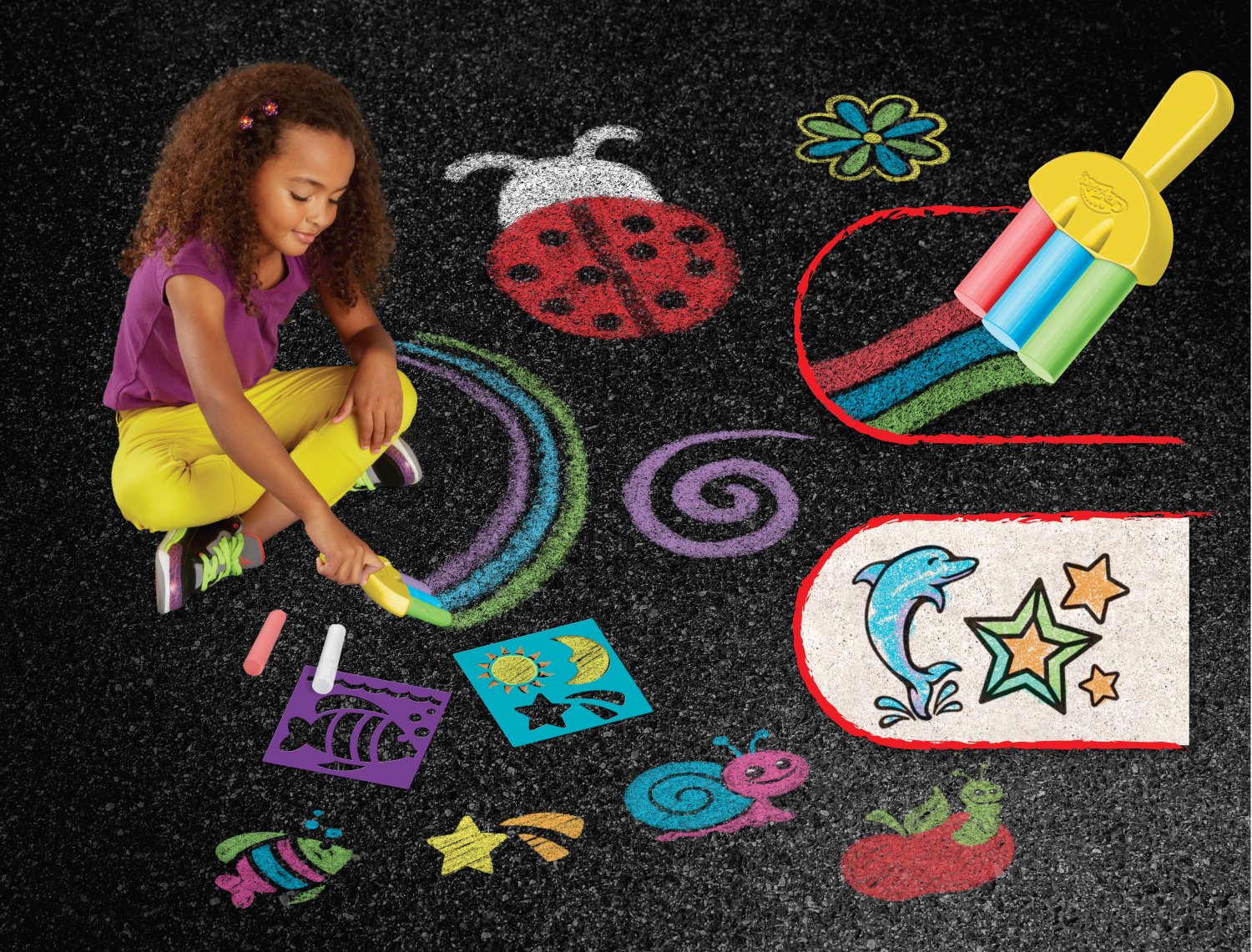 Cra-Z-Art Rainbow Stencilz Chalk Fun Set - 24 Vibrant Colors with Reusable Stencils for Kids Outdoor Sidewalk Art & Creative Play