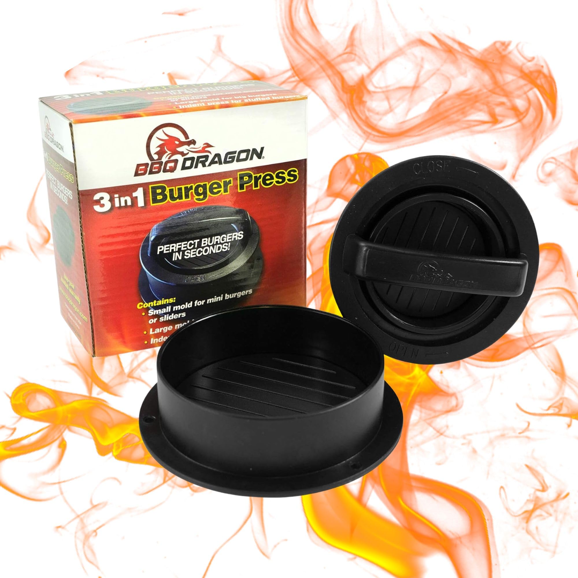 BBQ Dragon 3-in-1 Non-Stick Hamburger Patty Maker - Perfect for Sliders, Stuffed Burgers & Full-Sized Patties - Dishwasher Safe Burger Press Mold & Grill Accessory - Ideal for Backyard BBQs, Cookouts & Outdoor Cooking Parties