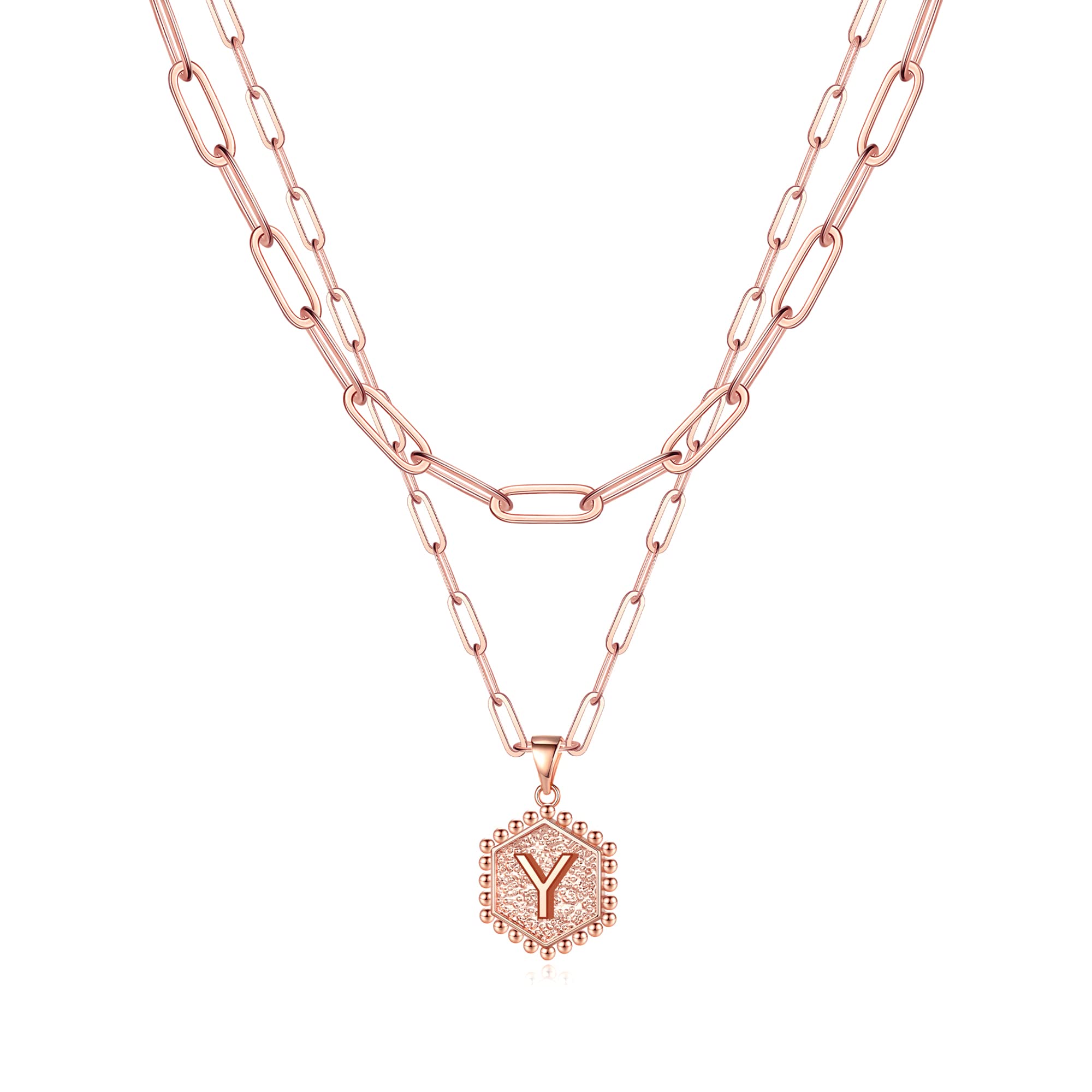 Dainty Layered Initial Necklace for Women - 14K Gold Plated Paperclip Chain with Hexagon Letter Pendant | Simple & Cute Choker Necklace | Perfect for Everyday Wear, Gifts & Layering Jewelry