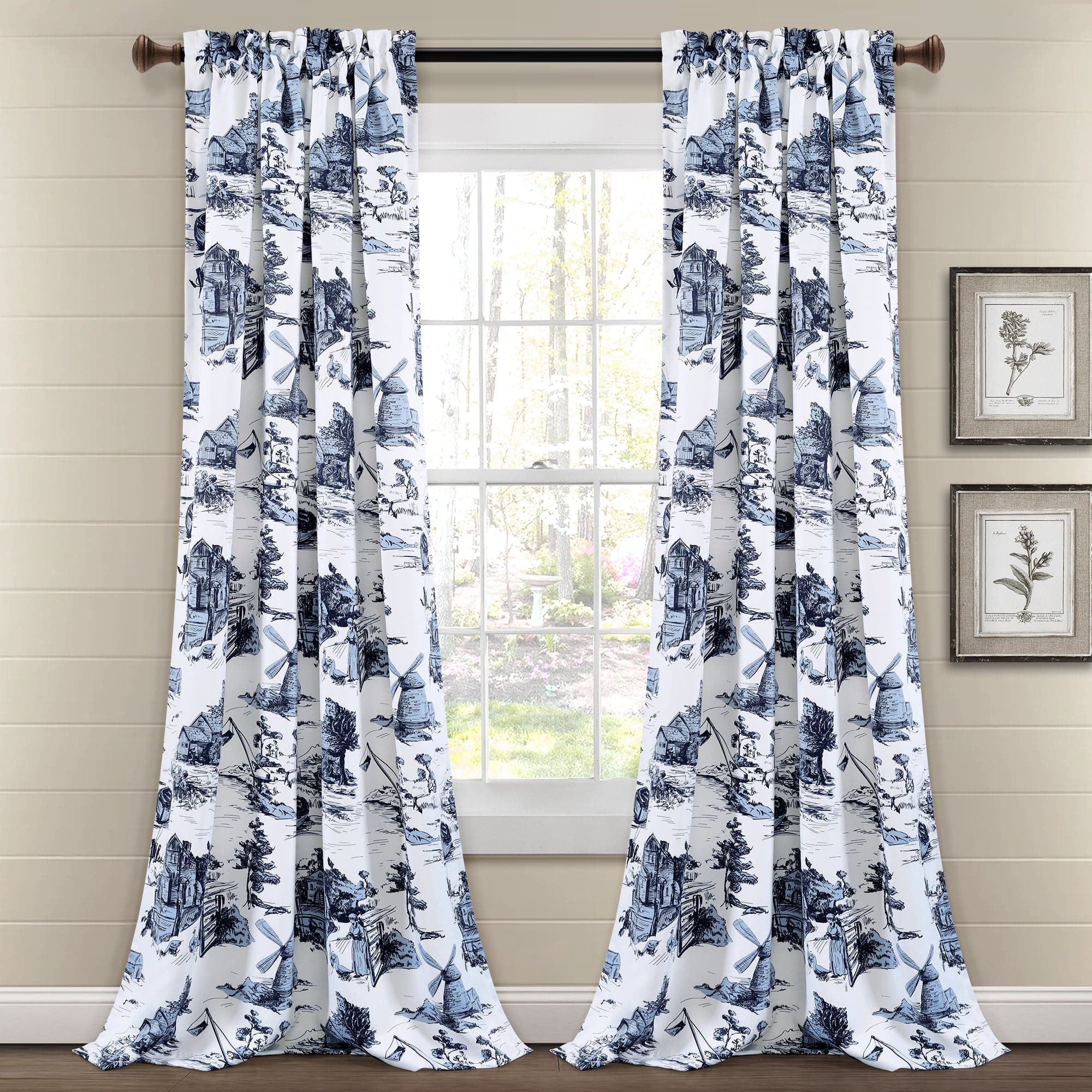 French Country Toile Blackout Curtains Set - Elegant Floral Pattern Window Drapes for Living Room & Bedroom - Light Blocking & Noise Reducing Home Decor