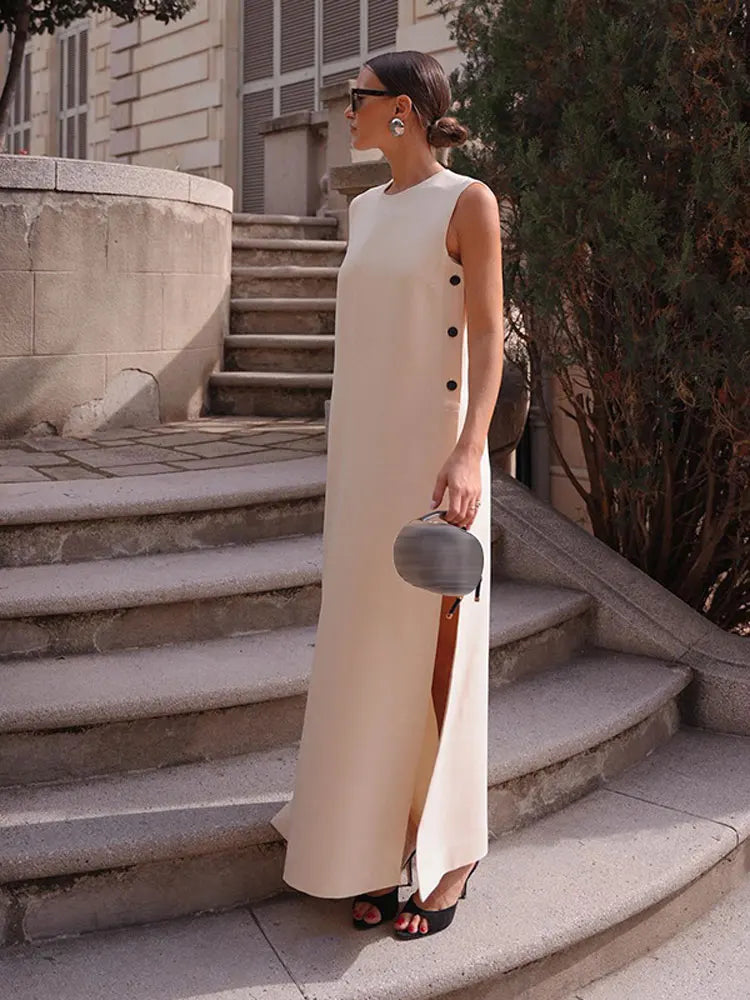 Elegant Sleeveless Button-Down Split Midi Dress for Women - Summer Casual Round Neck Loose Vestidos - High Street Fashion Beach Cover Up & Vacation Outfit