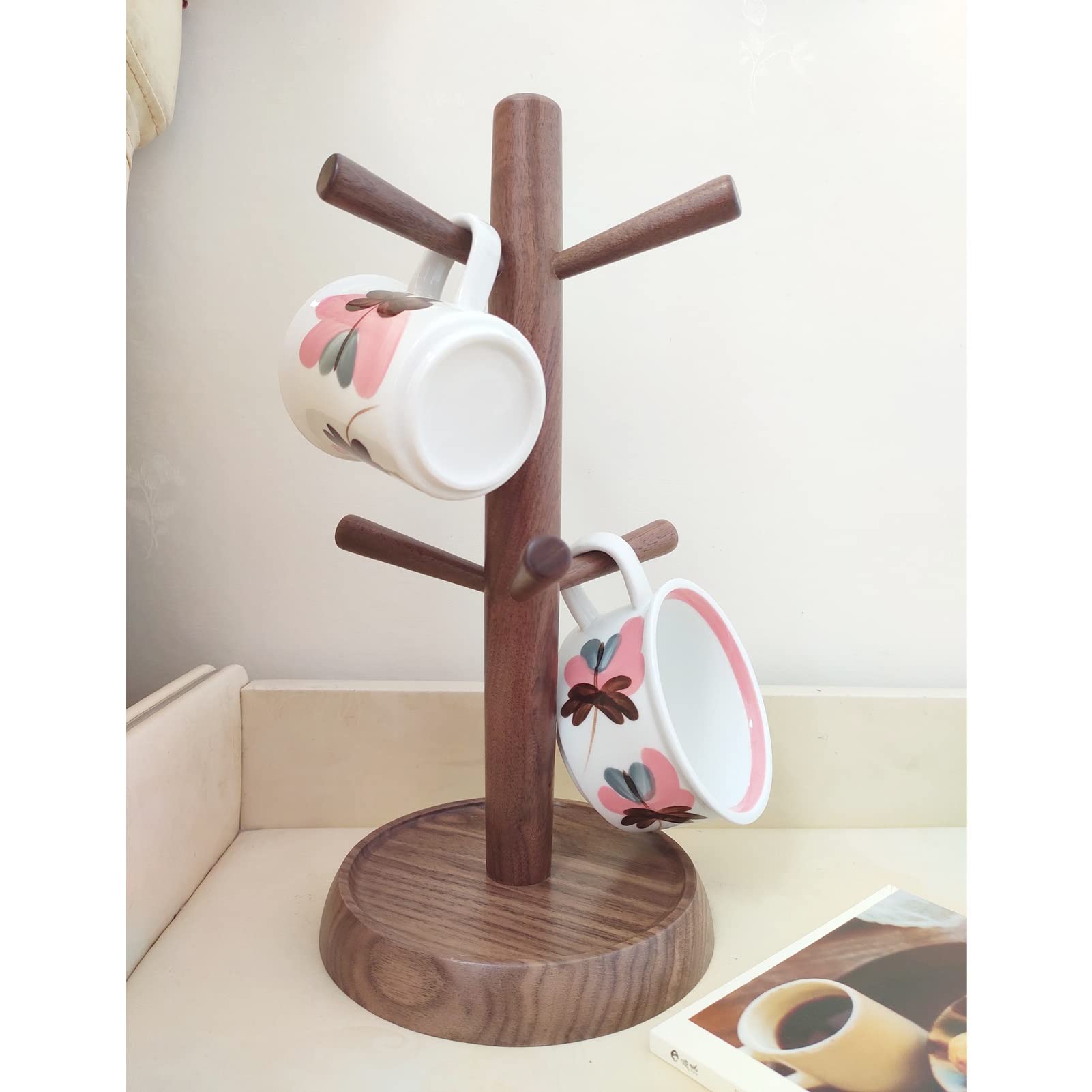 Wooden Coffee Mug Tree Holder with 6 Hooks - Countertop Tea Cup Organizer for Kitchen, Cafe & Bar - Rustic Brown Display Stand for Mugs, Cups & Kitchen Utensils - Perfect for Home, Office or Restaurant Use