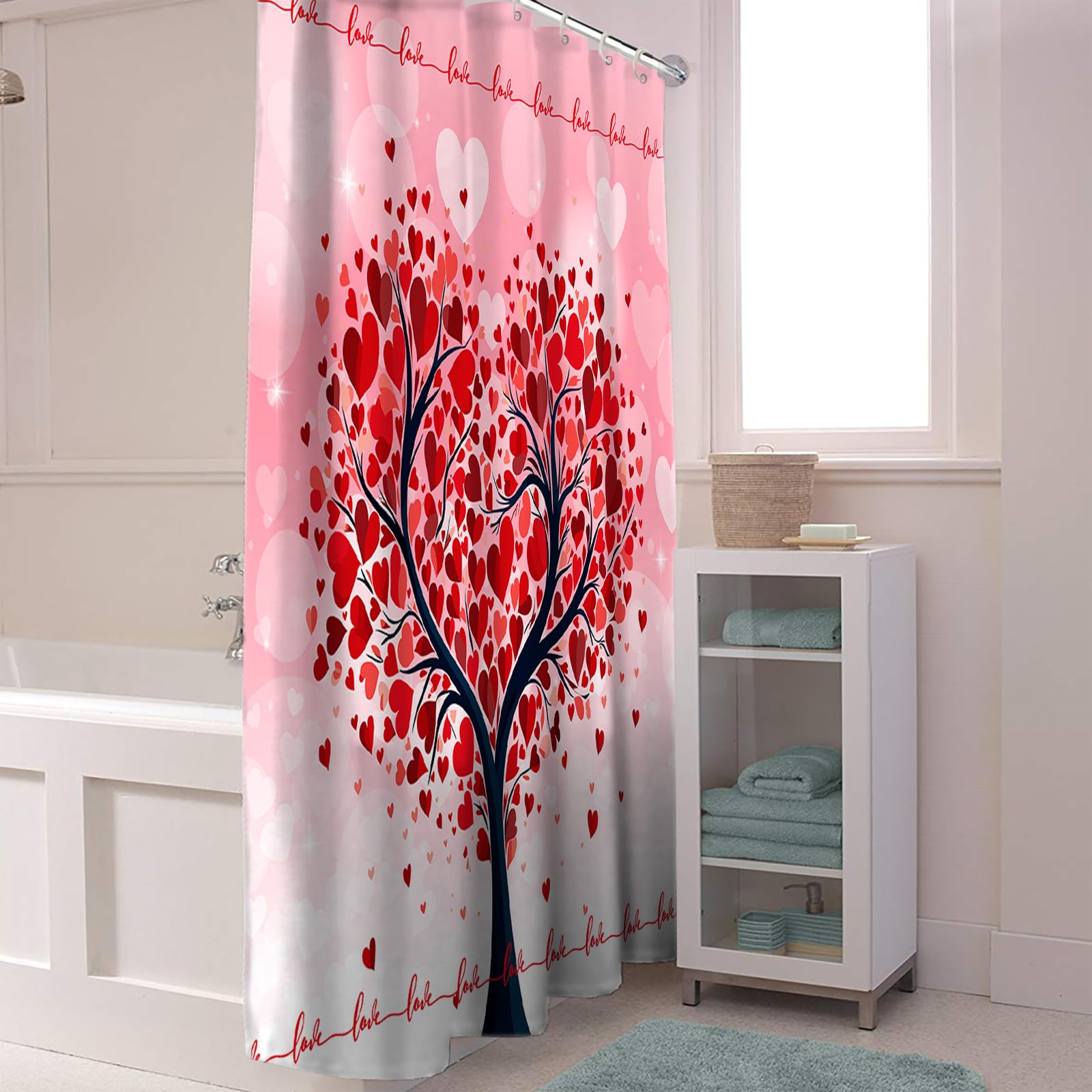 Valentine's Day Shower Curtain - Red Pink Love Heart Design, Waterproof Bathroom Decor with Tree Branch & Balloon Pattern, Includes Hooks, Standard Size 72x72 Inches - Perfect for Romantic Bathroom Makeover & Valentine's Gift