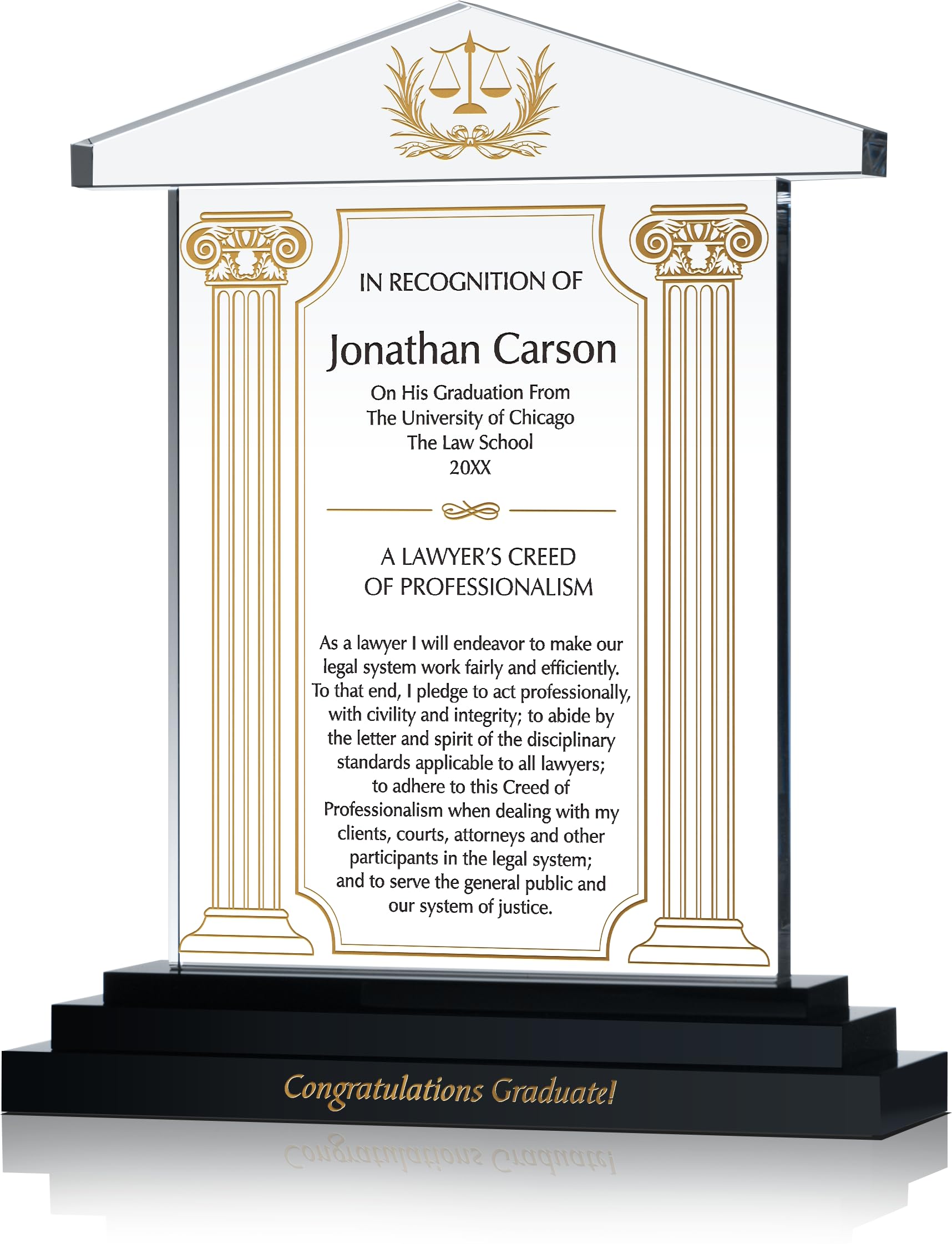 Custom Personalized Law School Graduation Gift for Lawyers - Engraved with Lawyer's Creed, Name, Degree & School Details - Unique Graduation Present for Son, Boyfriend or Husband (S-9
